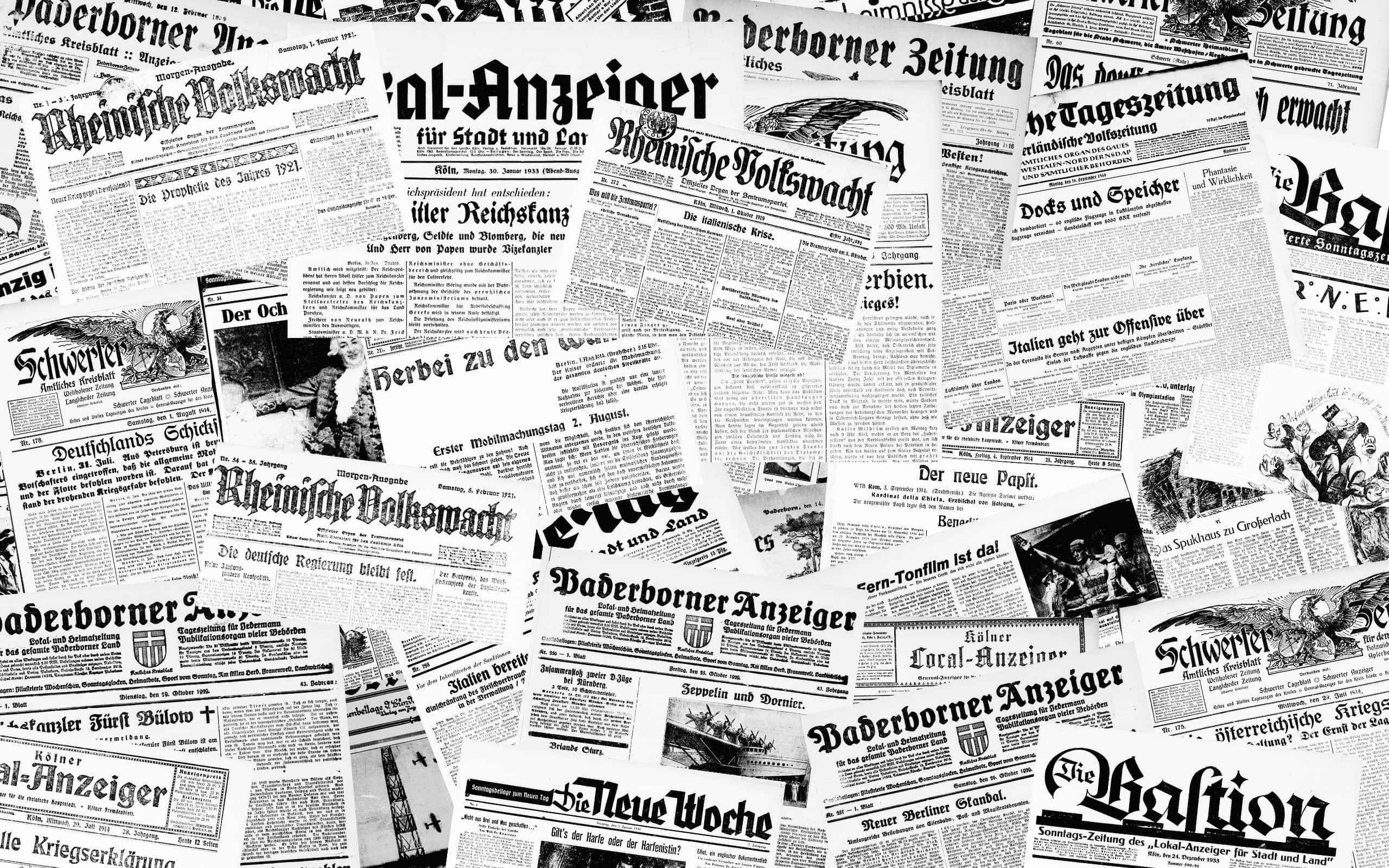 vintage German newspapers, monochrome collage, historical headlines, 2K Desktop Wallpaper