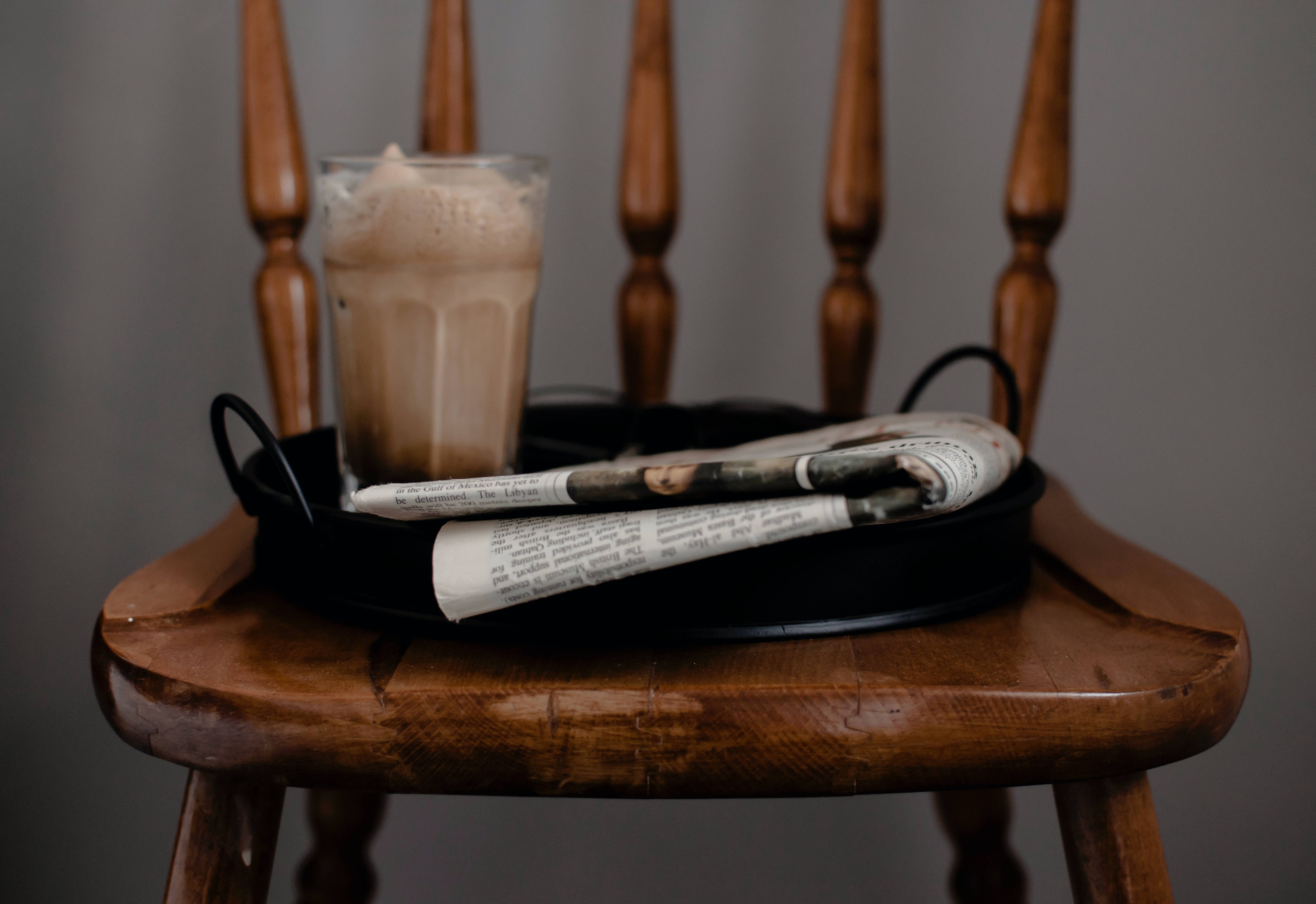 iced coffee, black tray, rolled newspaper, 4K Desktop Wallpaper