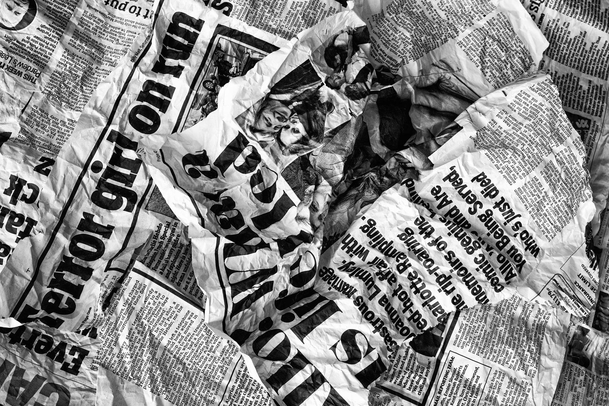 crumpled newspaper, black and white newspapers, bold headlines, Full HD Desktop Wallpaper