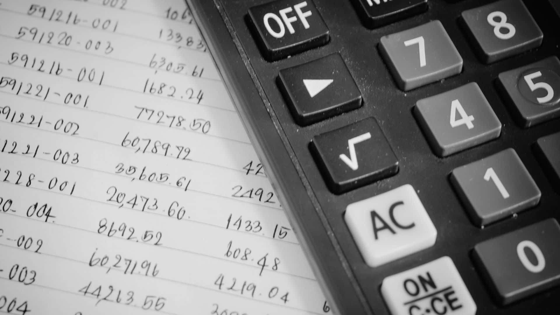 black calculator, sheet of handwritten financial calculations, grayscale, Full HD Desktop Wallpaper
