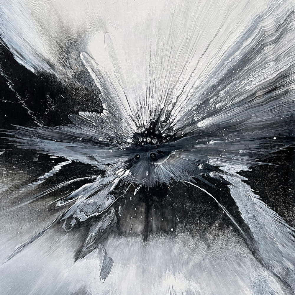 black and white abstract painting, central dark core, explosive brushstrokes, SD Desktop Wallpaper