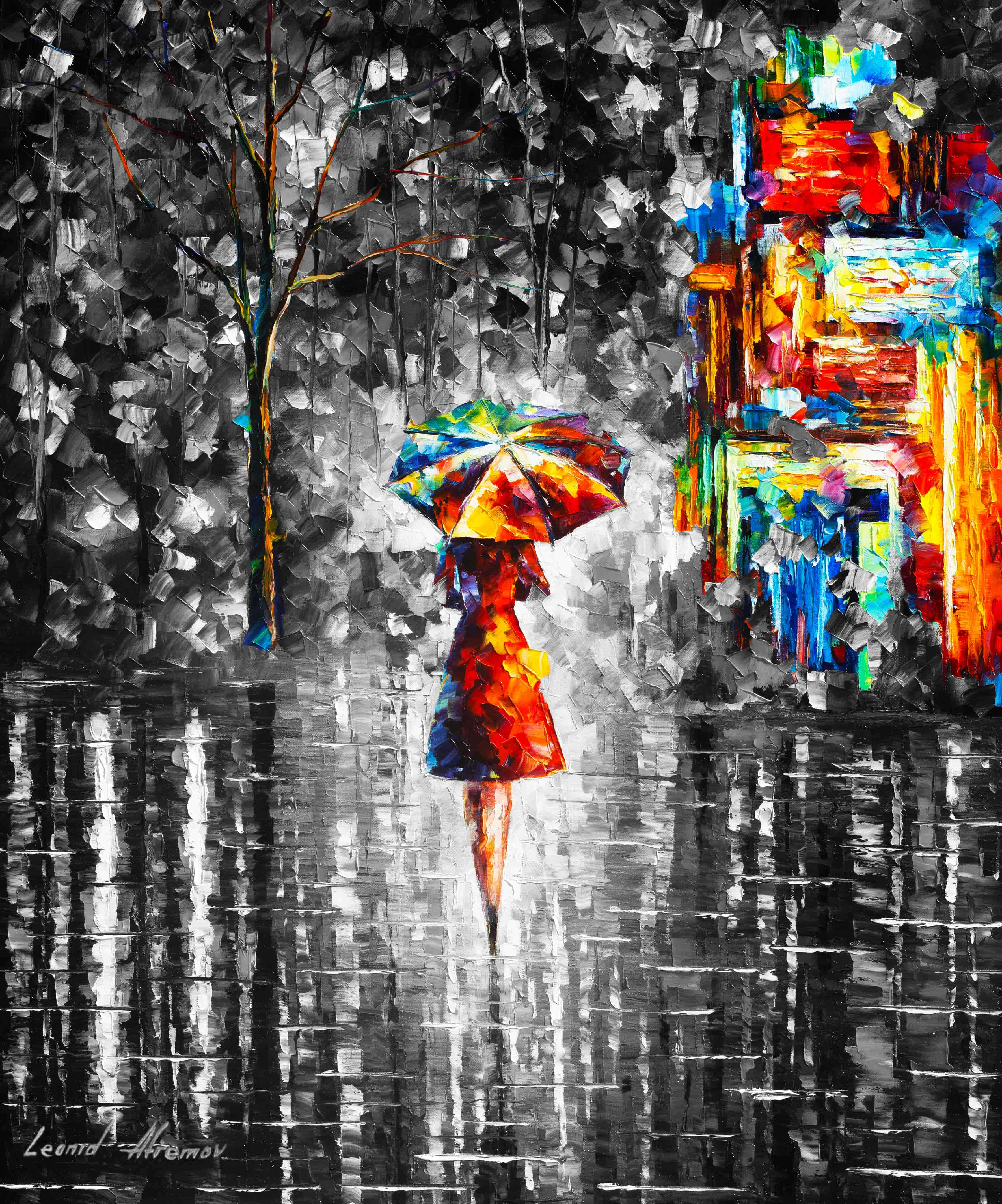 black and white abstract painting, rainy city street, colorful umbrella, 4K Phone Wallpaper