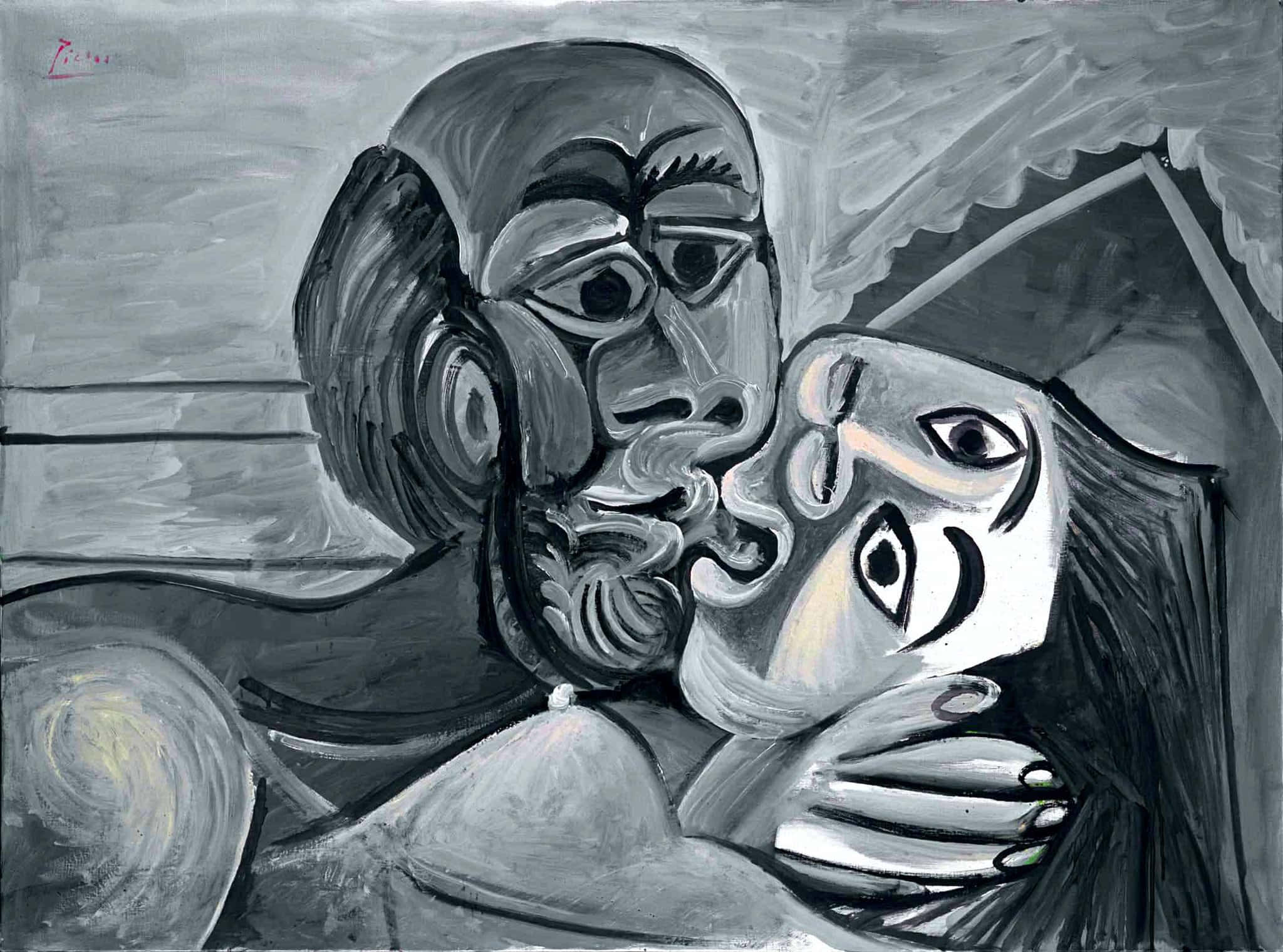 monochromatic cubist painting, distorted embracing couple, fragmented faces, Full HD Desktop Wallpaper
