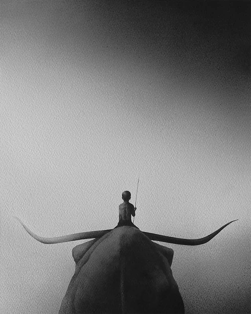 black and white painting, lone child, giant horned creature, SD Phone Wallpaper
