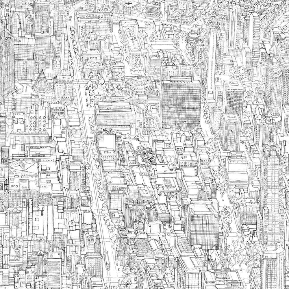 black and white line art, aerial view, dense cityscape, SD Desktop Wallpaper