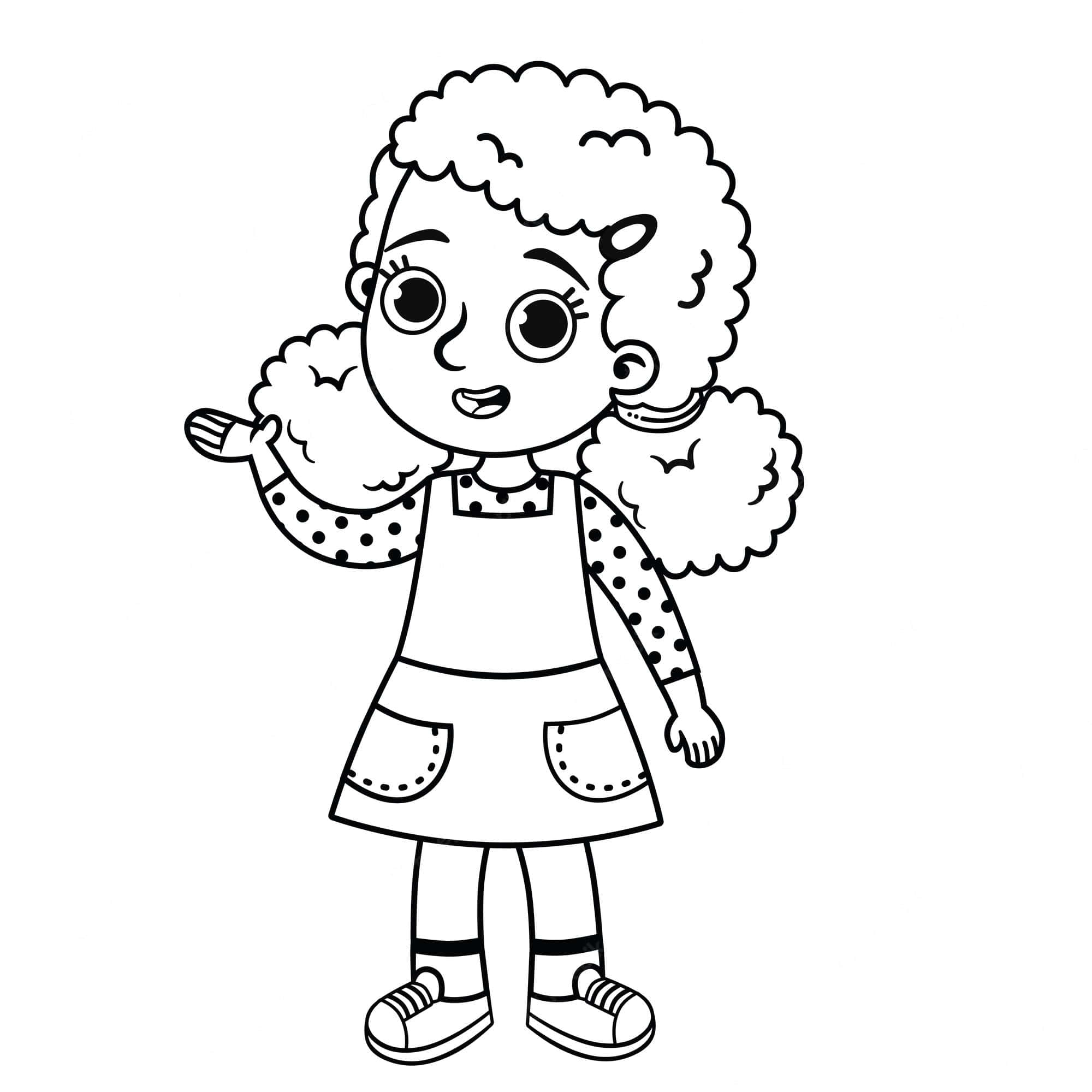 black and white line drawing, cheerful cartoon girl, curly hair, Full HD Desktop Wallpaper