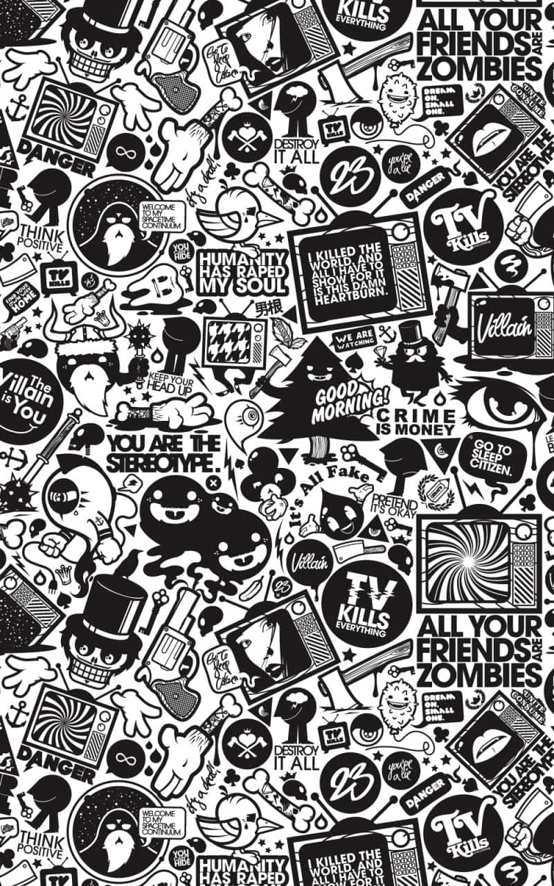 black and white collage, punk-inspired stickers, skulls text, HD Phone Wallpaper