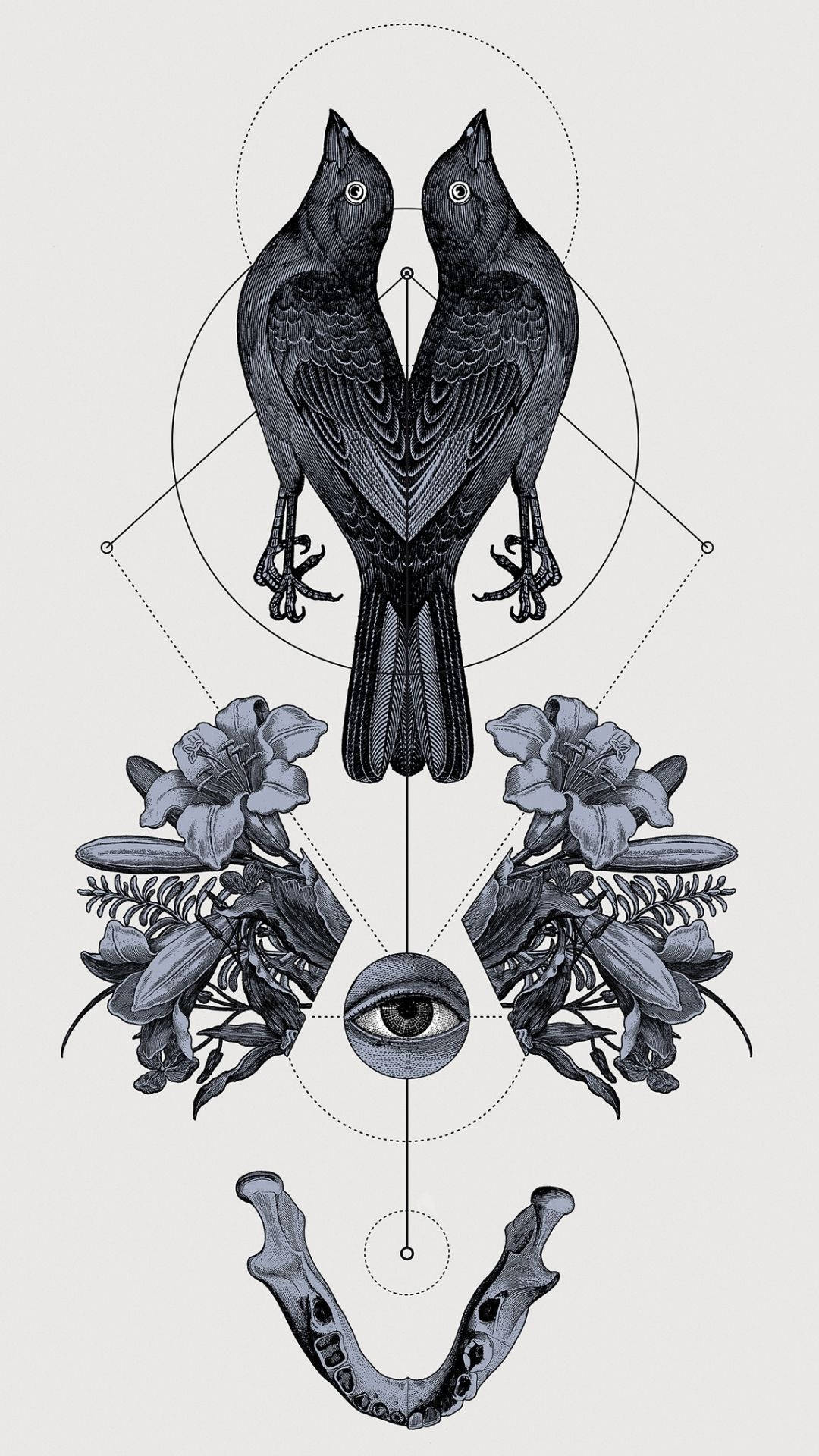 black and white art aesthetic, black birds, eye, Full HD Phone Wallpaper