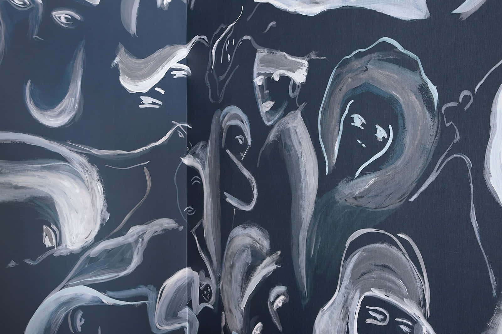 abstract blackand white paint swirls, swirling gray and white strokes, deep navy background, HD Desktop Wallpaper