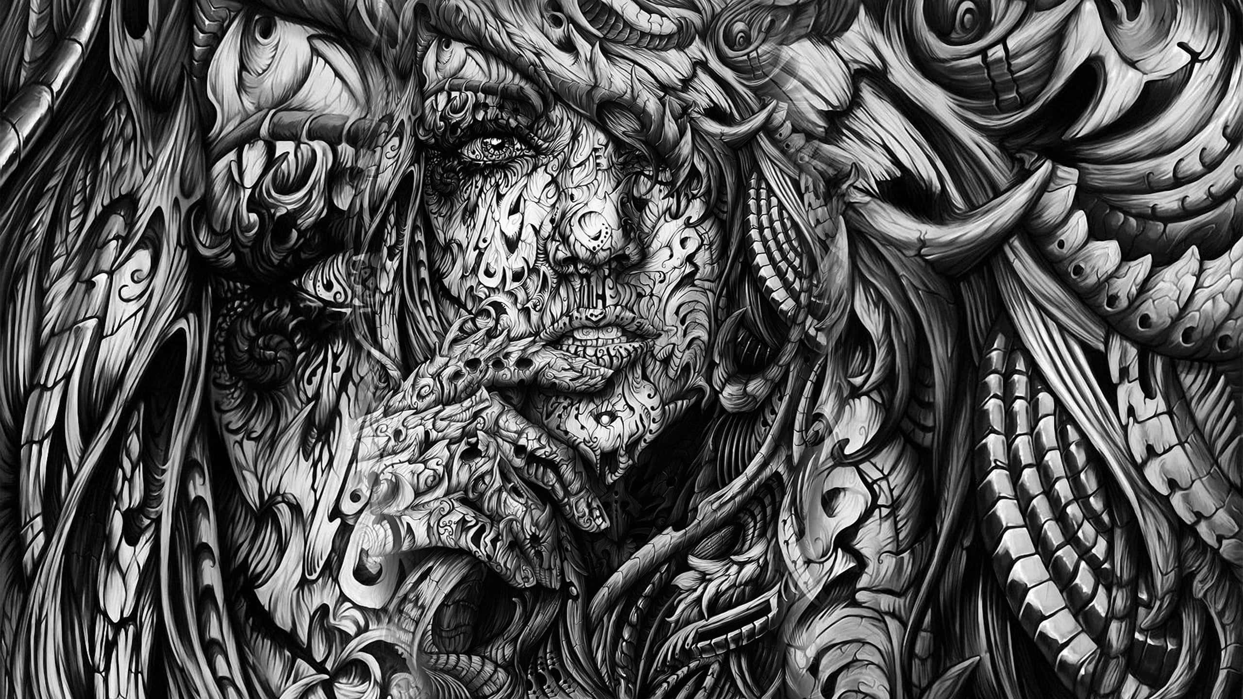 Black and White Workstation Setup, grotesque, ornate face, 2K Desktop Wallpaper