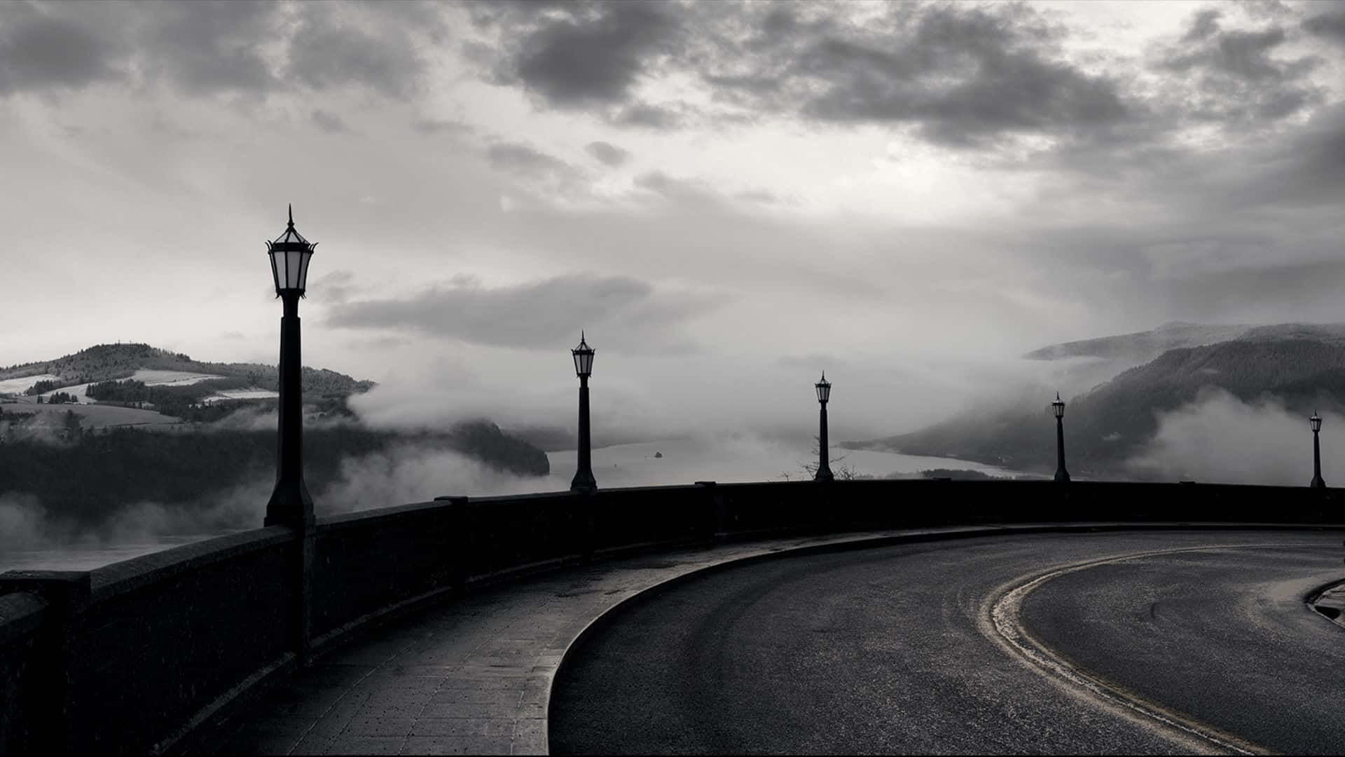 Black And White PC, winding road, misty valley, Full HD Desktop Wallpaper