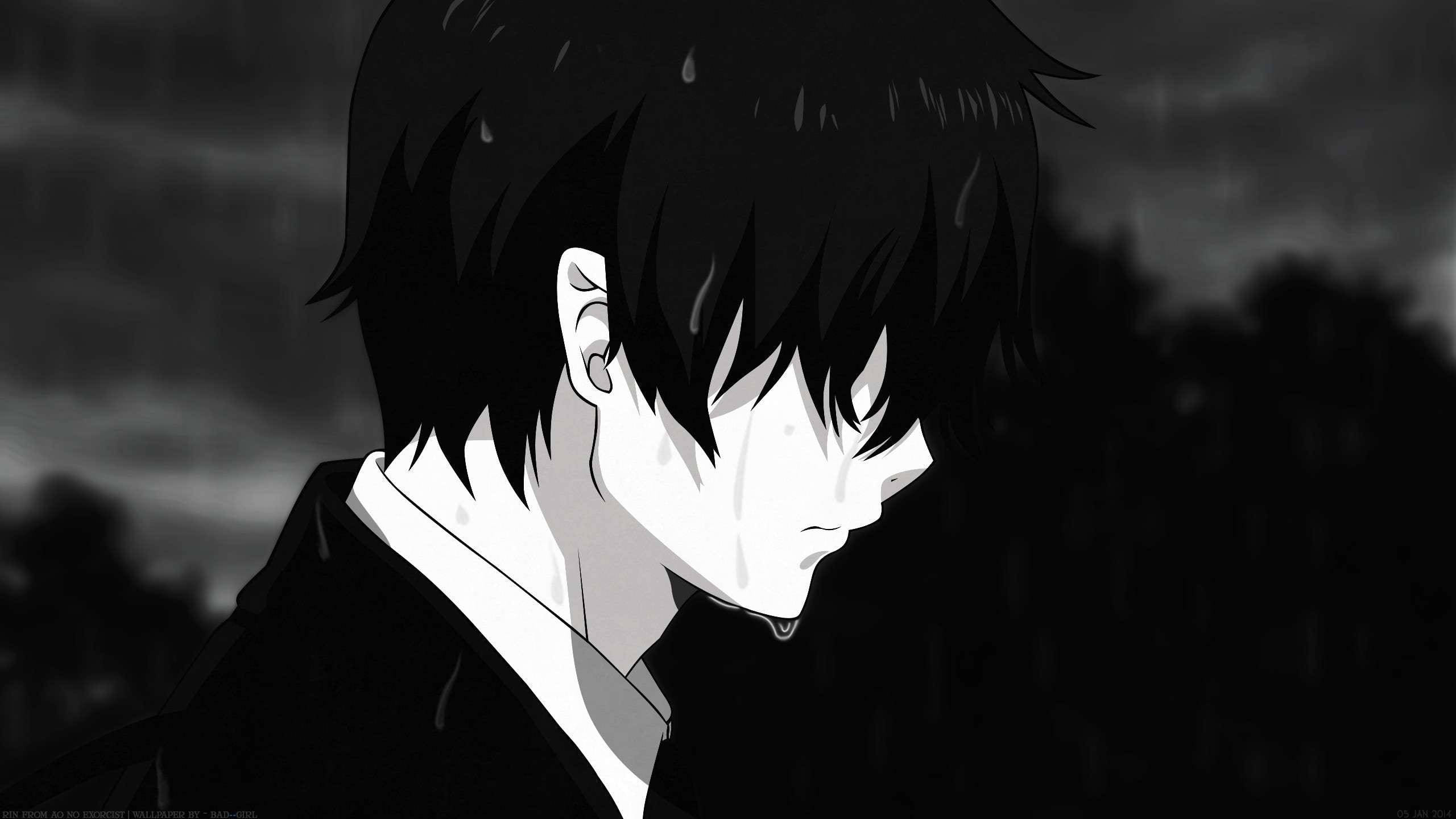 melancholic anime boy, wet hair, tears streaking his face, 2K Desktop Wallpaper