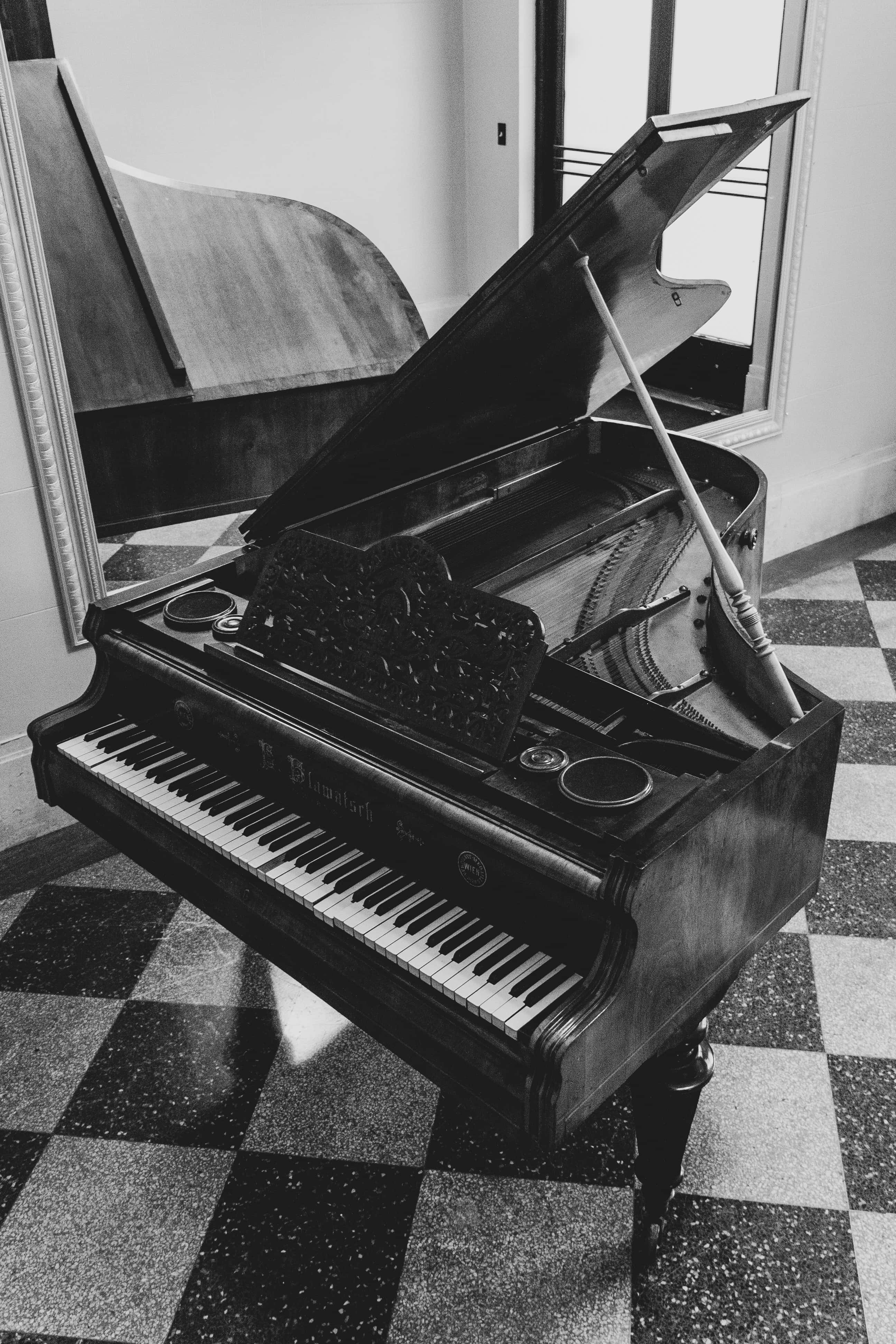 black and white grand piano, checkered floor, monochrome room, 4K Phone Wallpaper