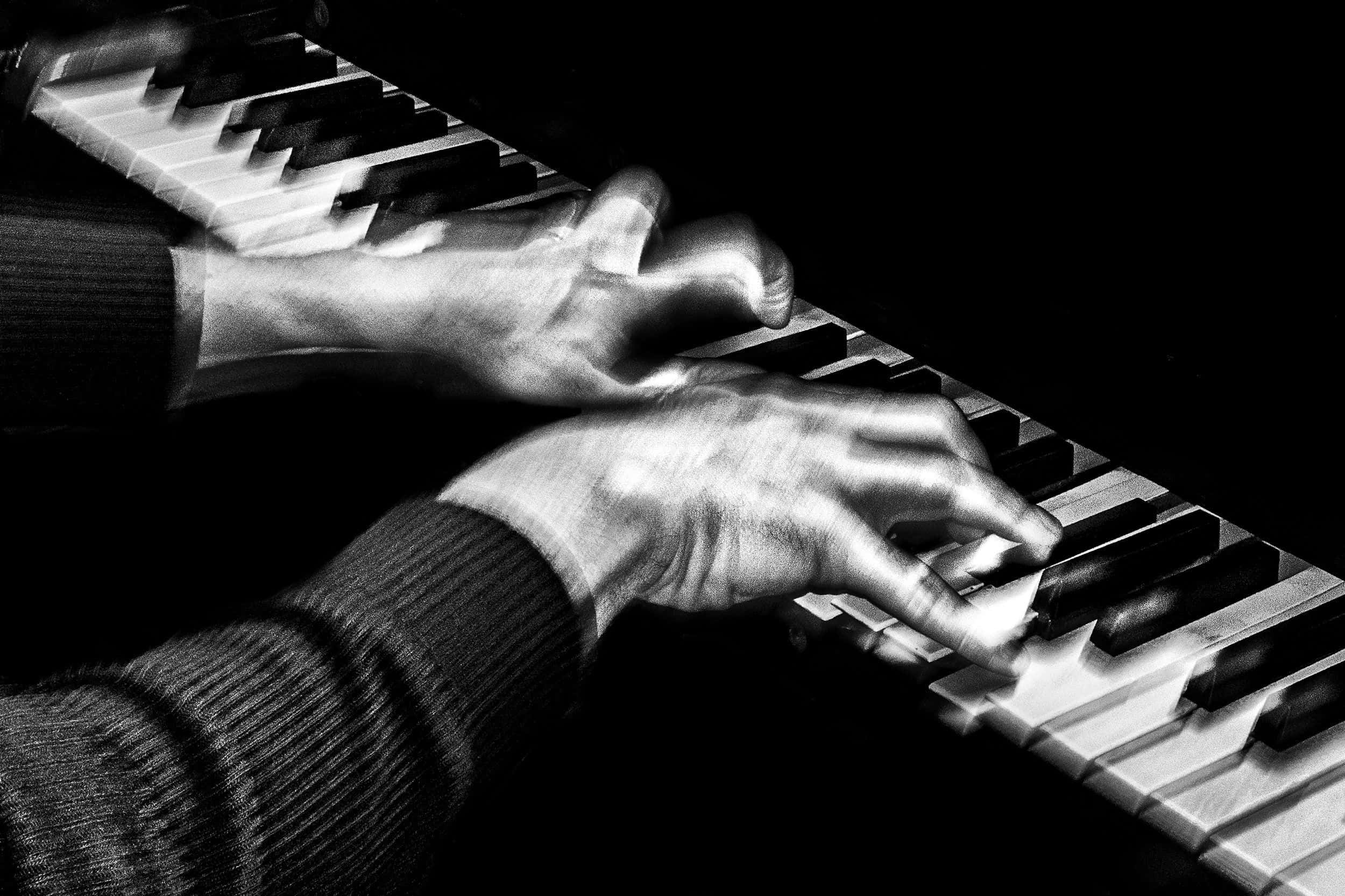 black and white piano, piano keys, hands in motion, Full HD Desktop Wallpaper