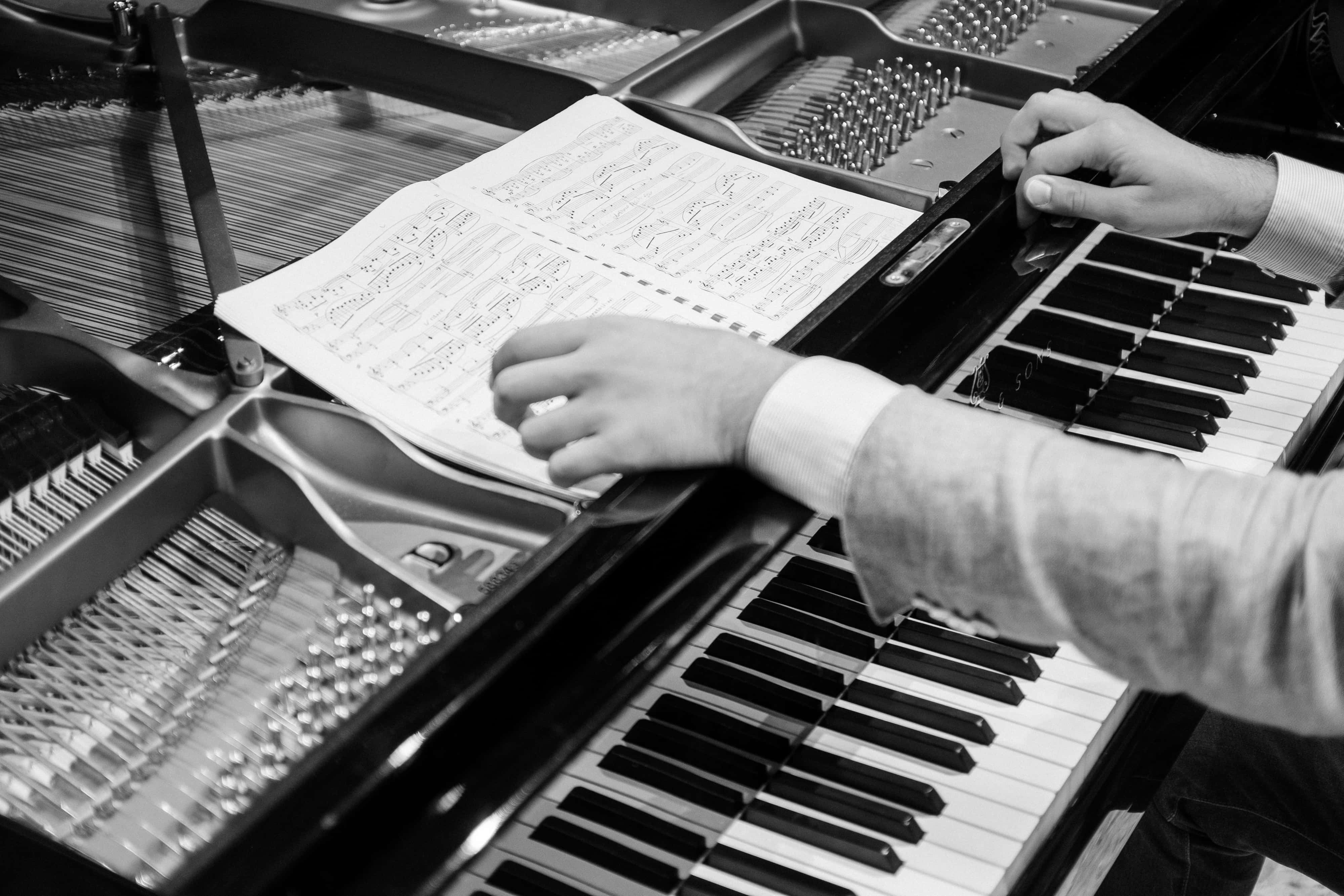 Black and White Piano, piano keys, sheet music, 4K Desktop Wallpaper