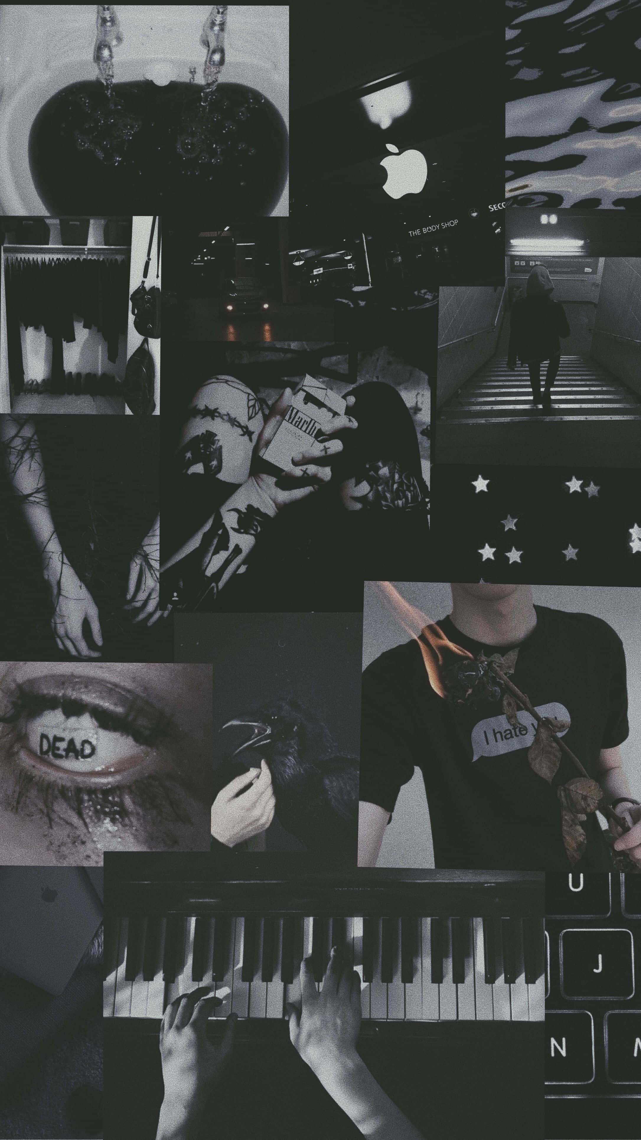 black and white images, hands on keyboard, dead tattoo Apple logo, 4K Phone Wallpaper