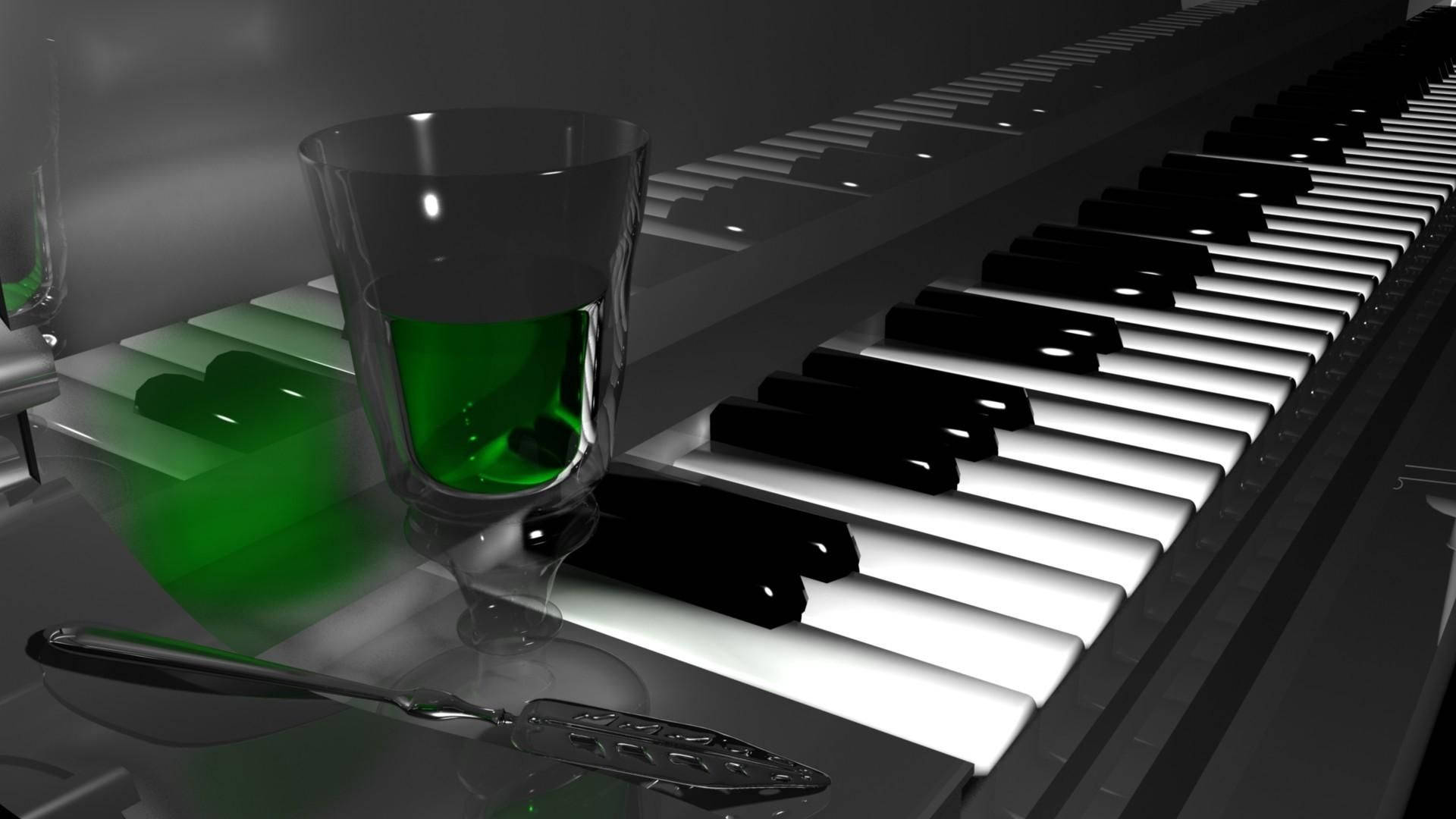 piano, glowing green liquid, silver spoon, Full HD Desktop Wallpaper