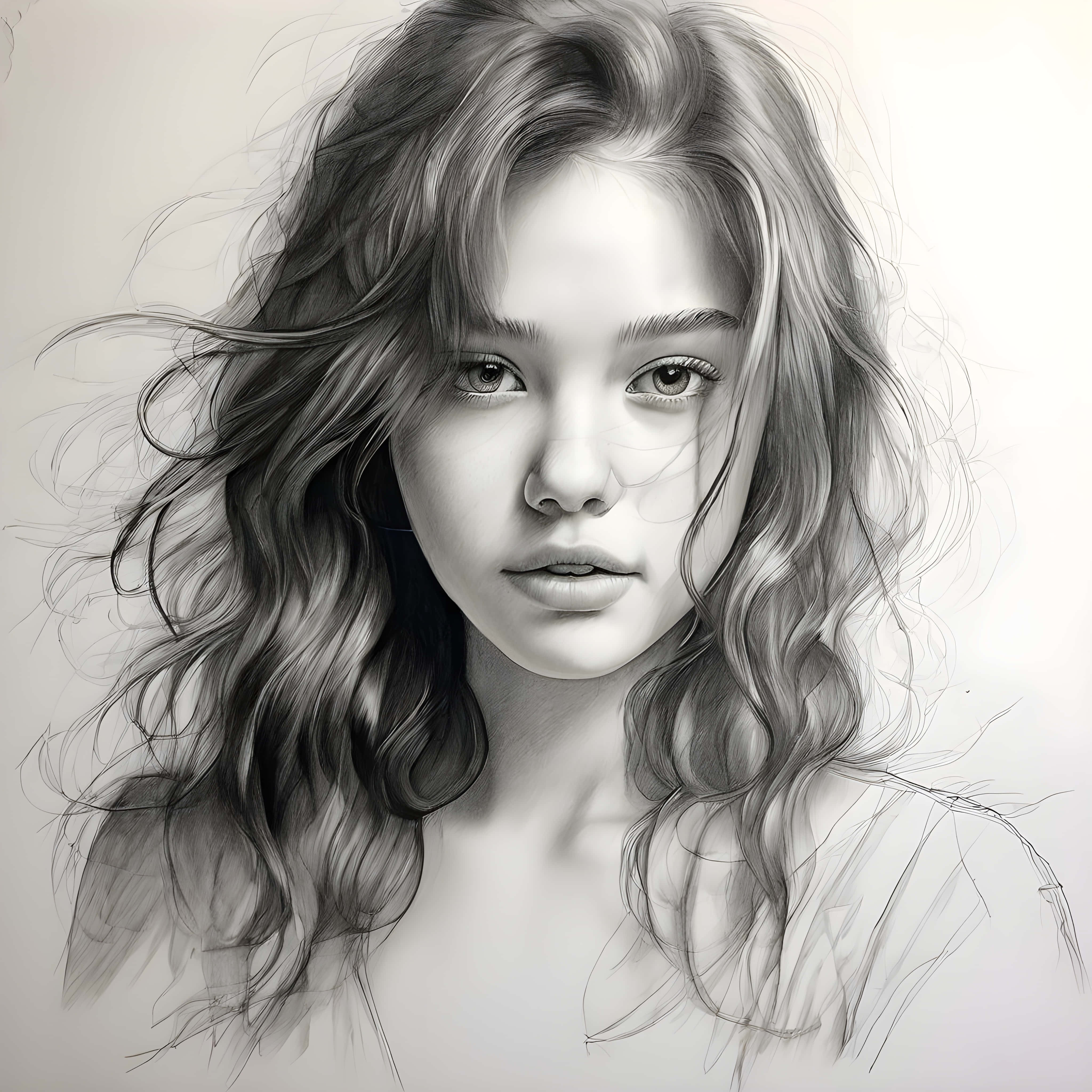realistic hand drawn girl sketch, black and white art, grayscale pencil sketch, 4K Desktop Wallpaper