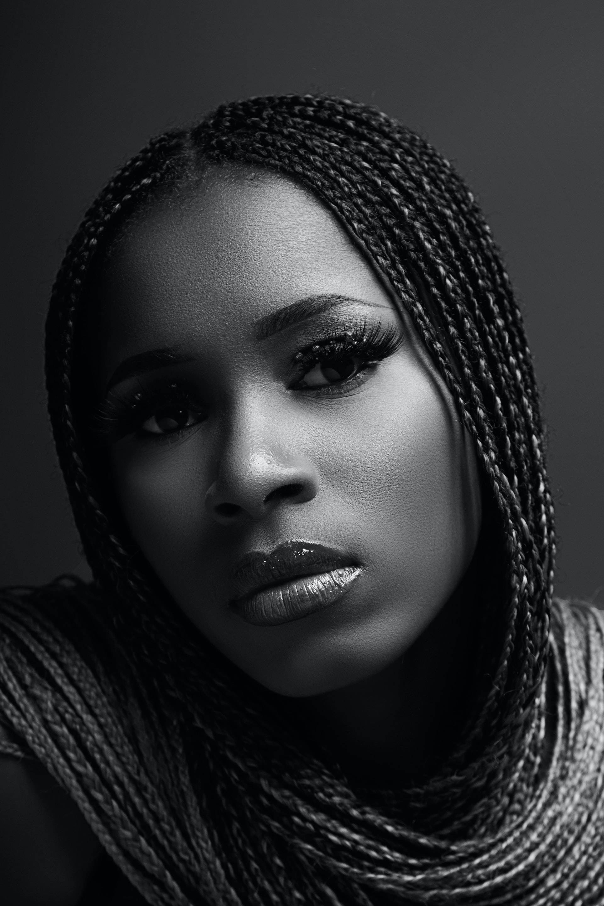 black and white portrait, woman, long eyelashes, 2K Phone Wallpaper