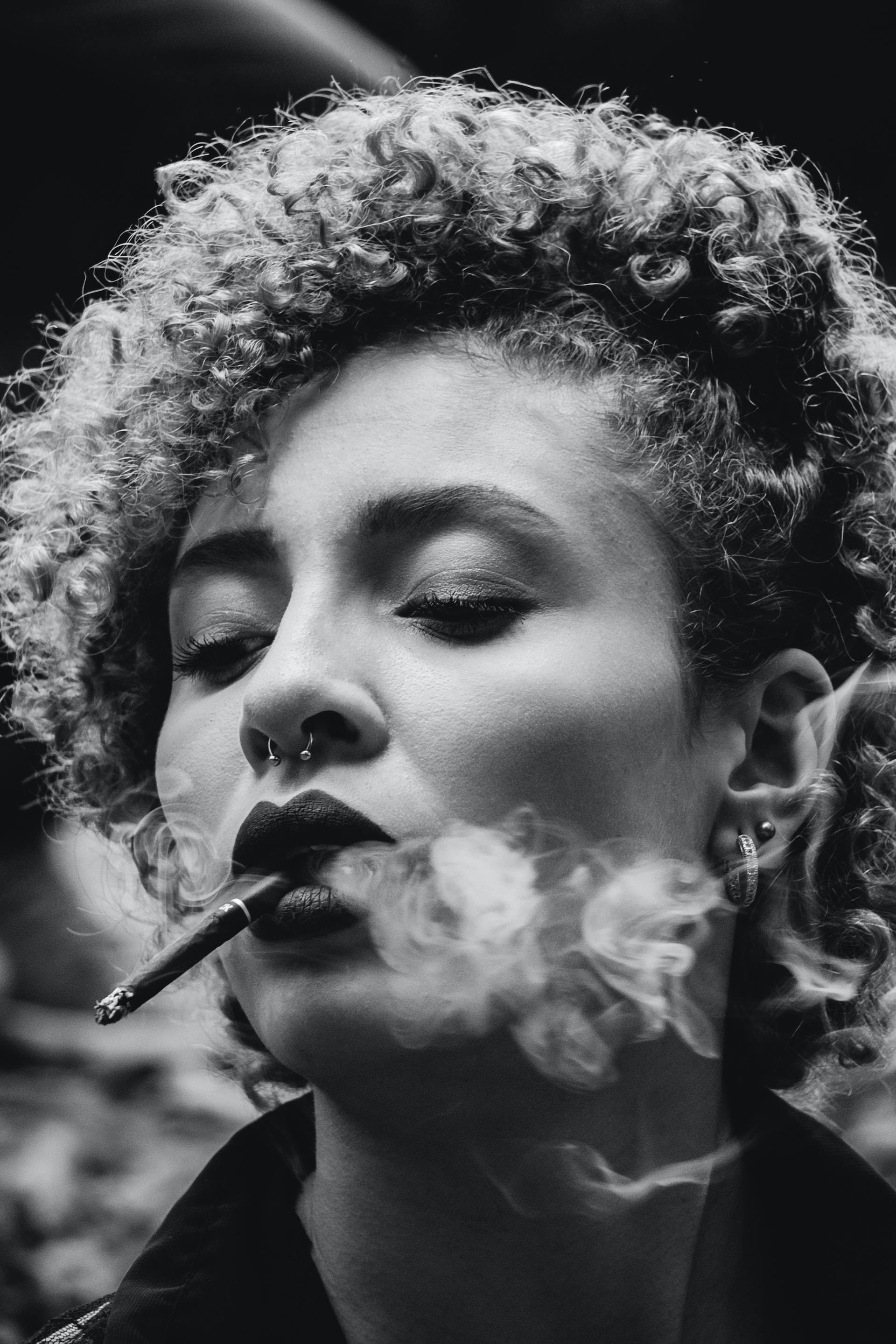 woman, curly hair, exhaling smoke, 2K Phone Wallpaper