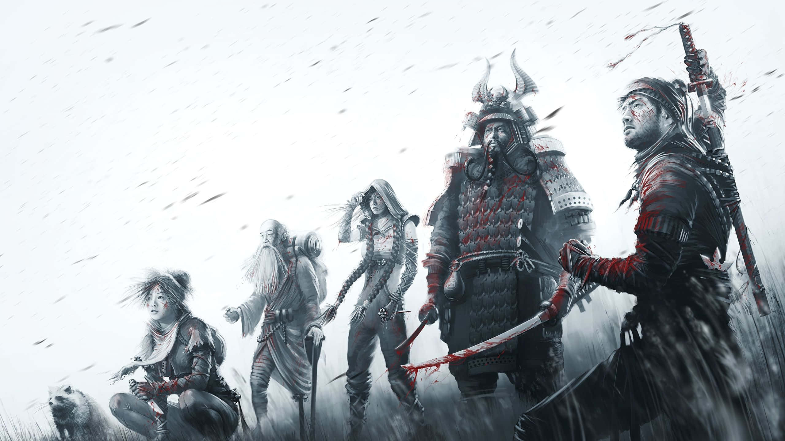 Black And White Samurai, battle stance, snowy field, 2K Desktop Wallpaper