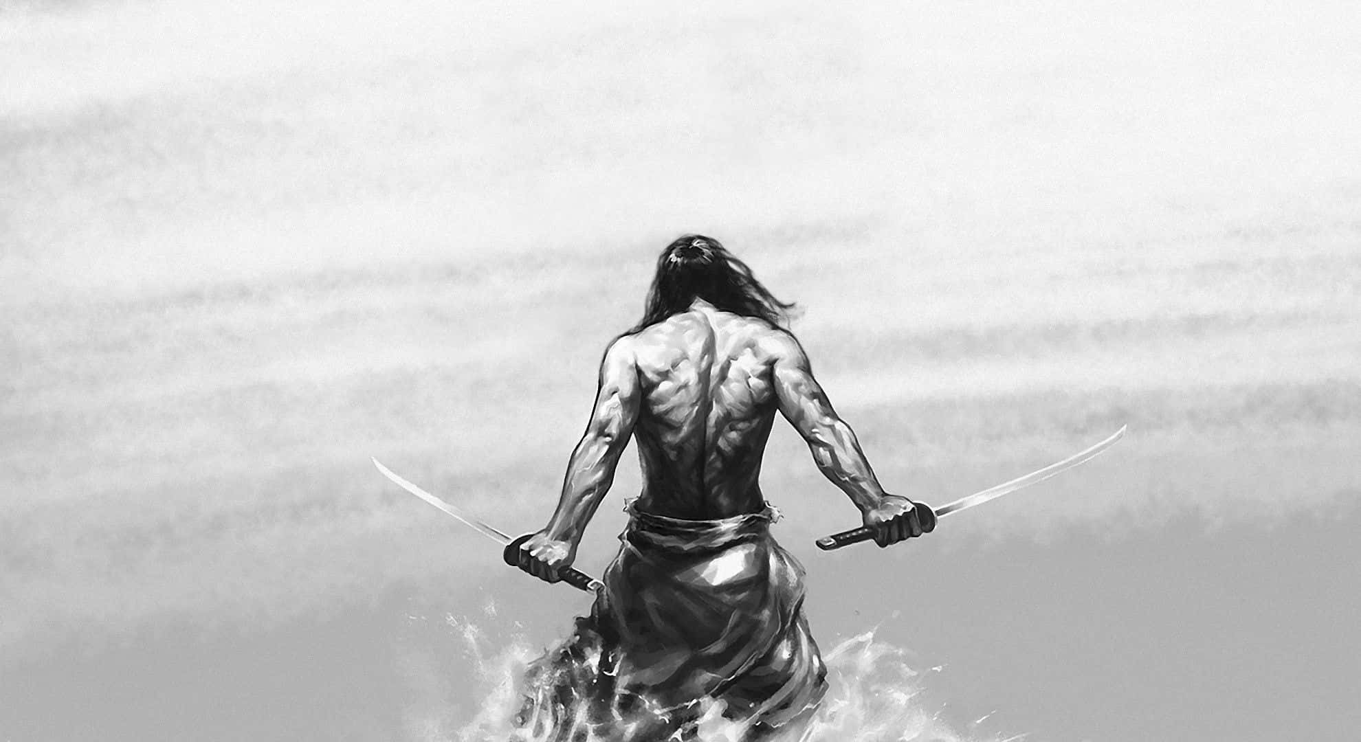 Black And White Samurai, muscular warrior, long hair, Full HD Desktop Wallpaper