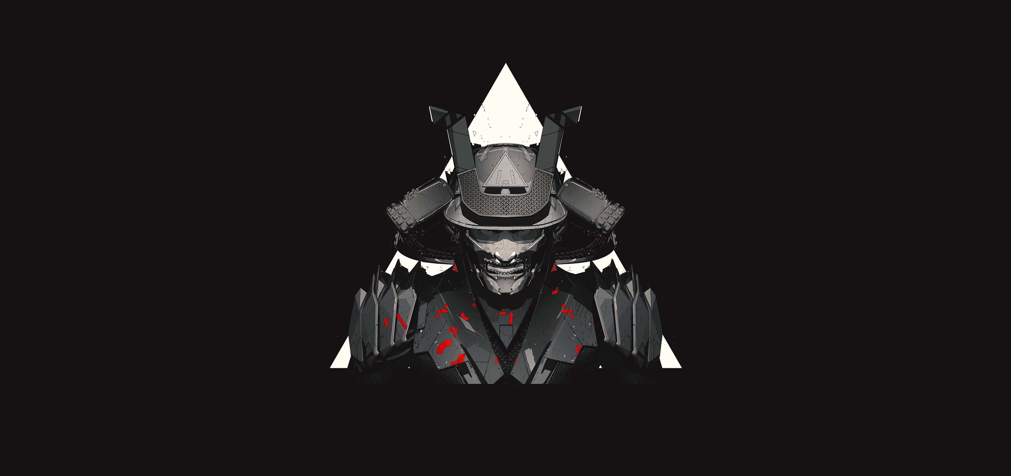 black and white samurai, dark armor, red accents, 2K Desktop Wallpaper