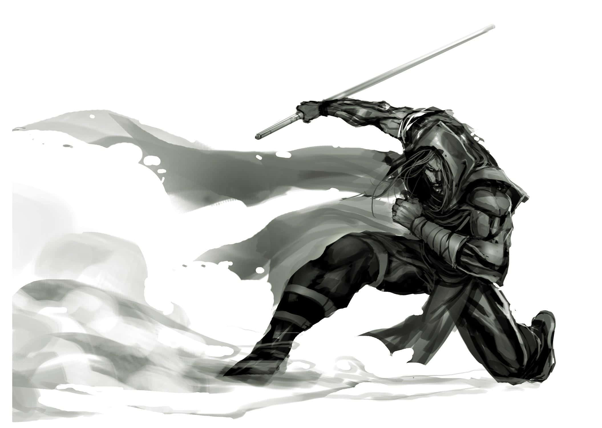 black and white samurai, anime warrior, sword, Full HD Desktop Wallpaper