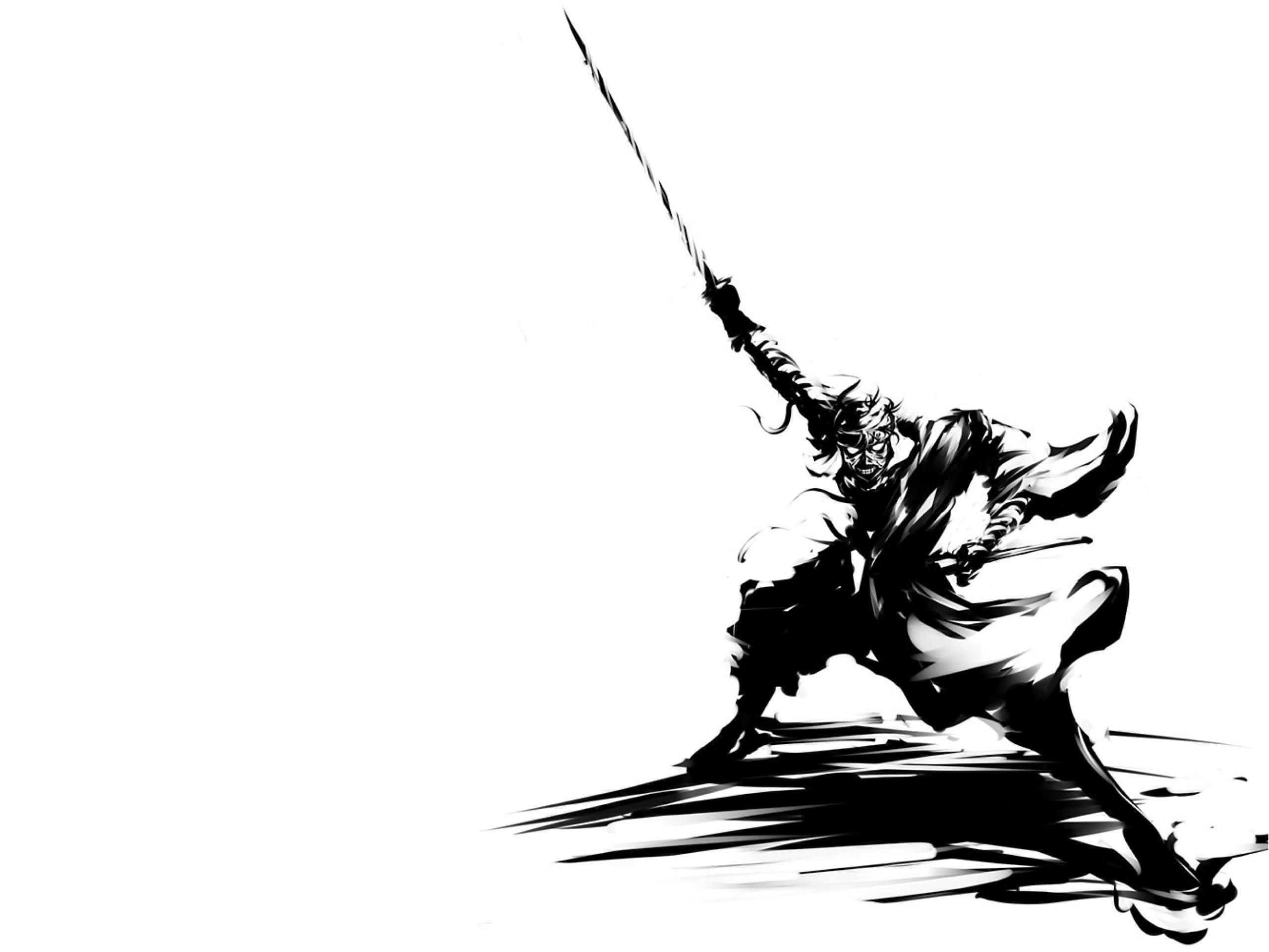 black and white samurai, sword, mid-swing, 2K Desktop Wallpaper