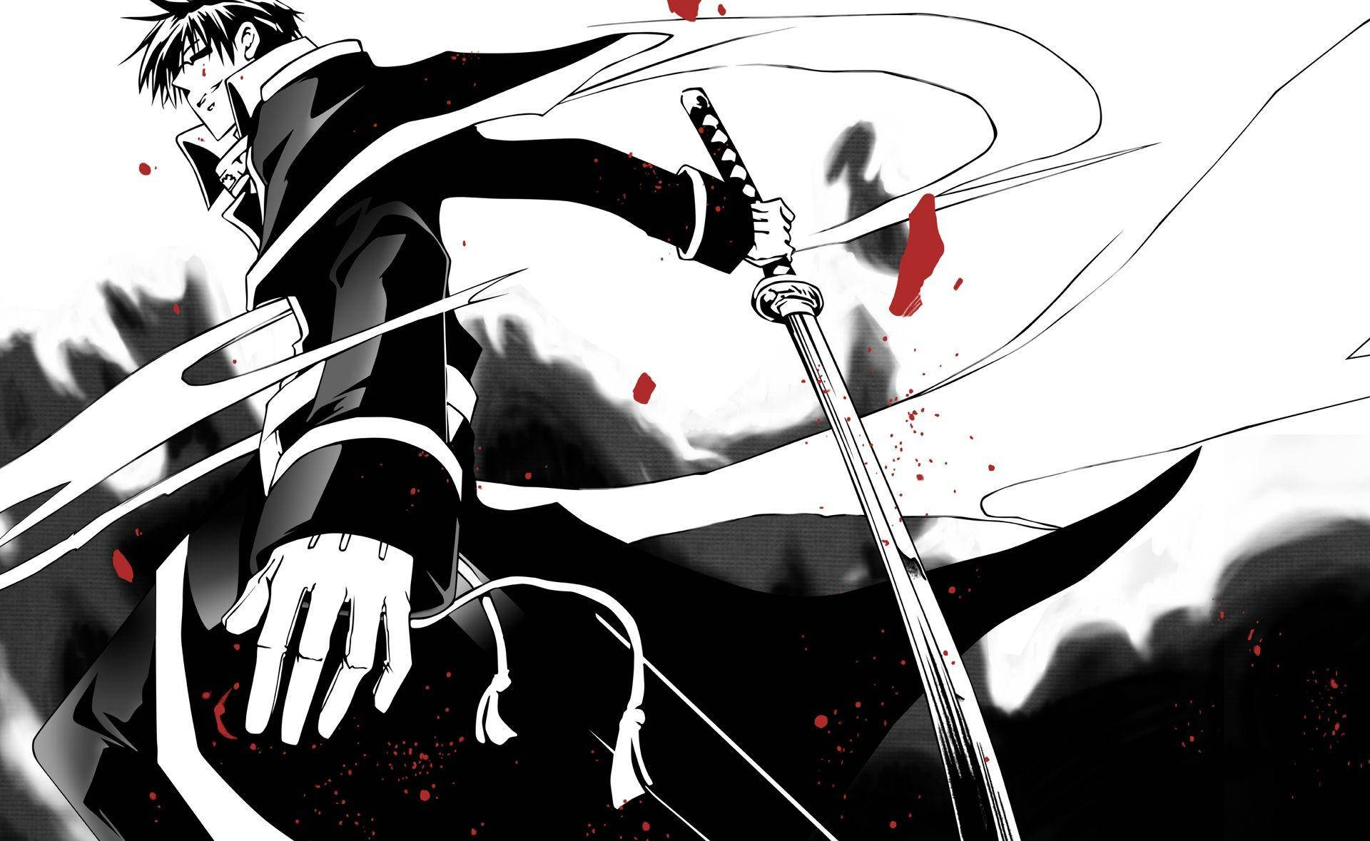 Black And White Anime Samurai, katana, red blood, Full HD Desktop Wallpaper