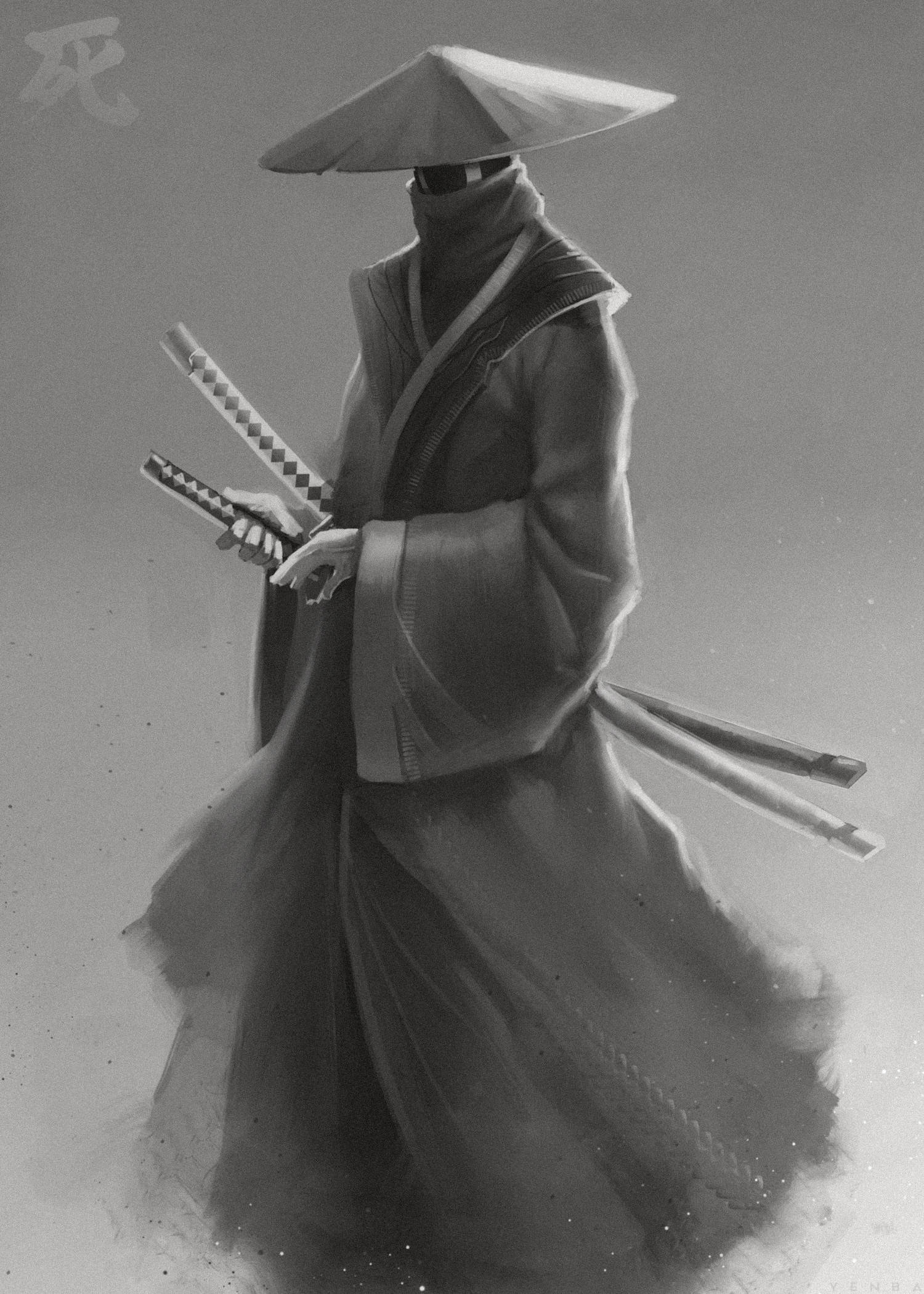 Black And White Samurai, samurai, wide-brimmed hat, Full HD Phone Wallpaper