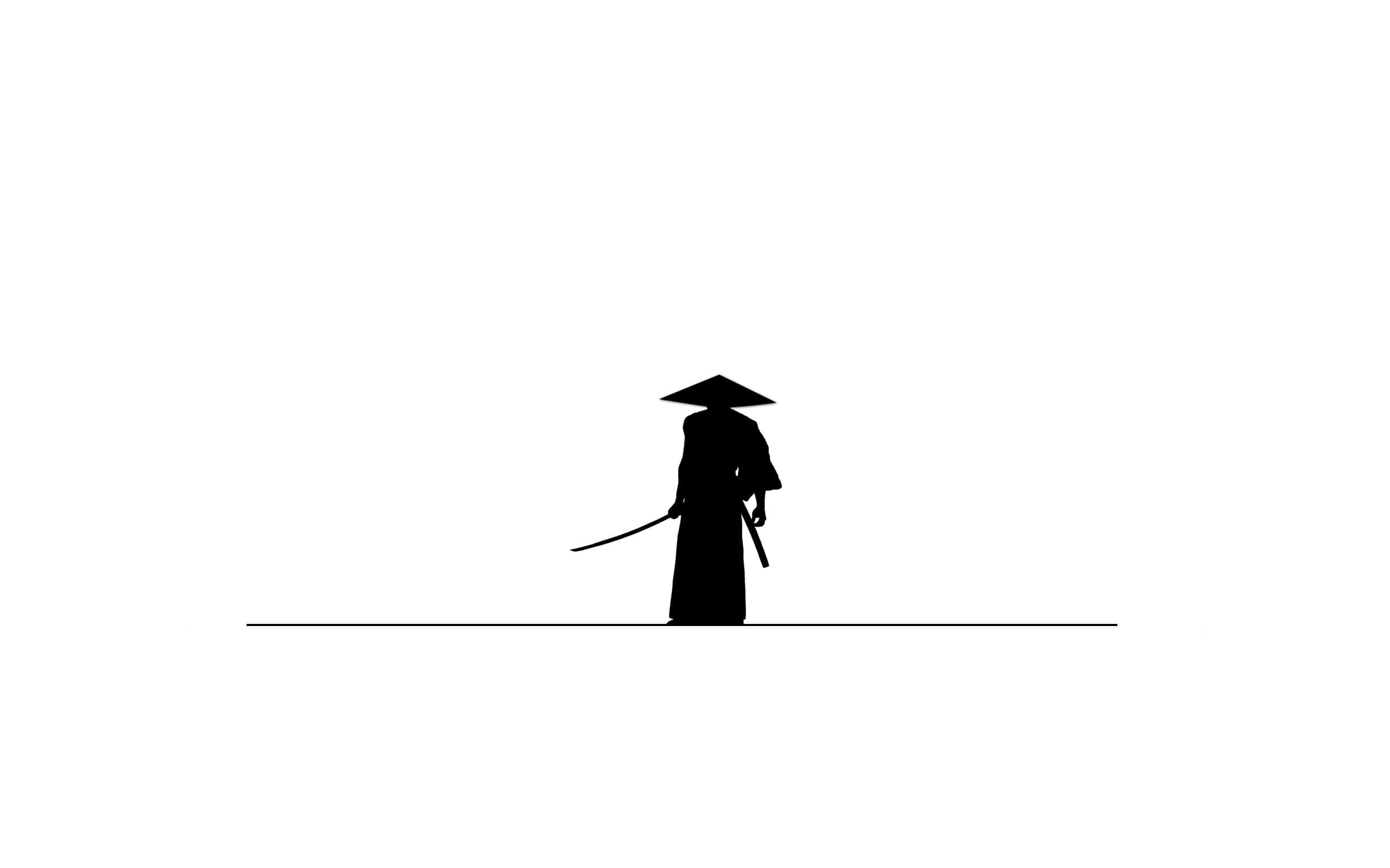 black and white samurai, conical hat, minimalist black silhouette, 2K Desktop Wallpaper