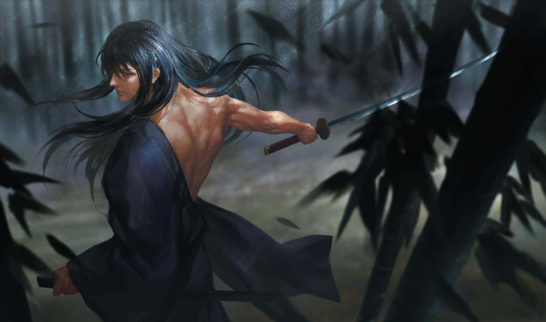 samurai warrior, katana, misty bamboo forest, HD Desktop Wallpaper