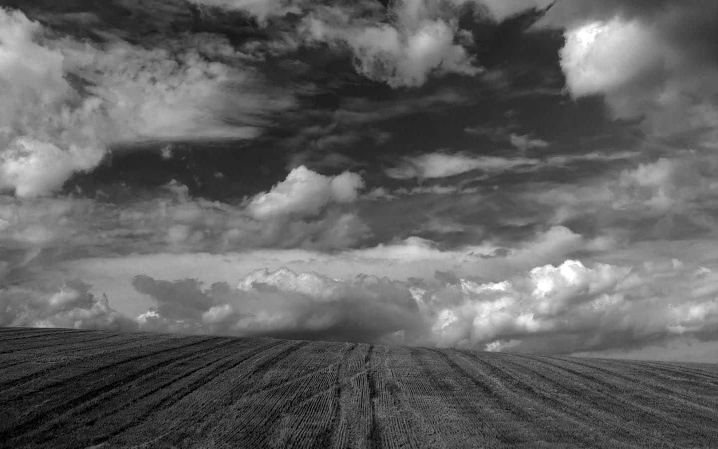Black and White Sky, vast plowed field, turbulent sky, HD Desktop Wallpaper