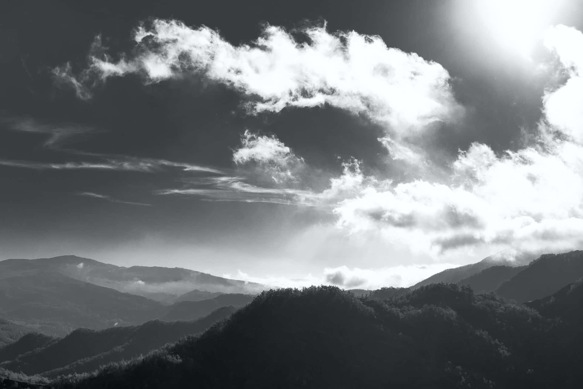 Black And White Sky, monochrome mountain range, textured clouds, Full HD Desktop Wallpaper