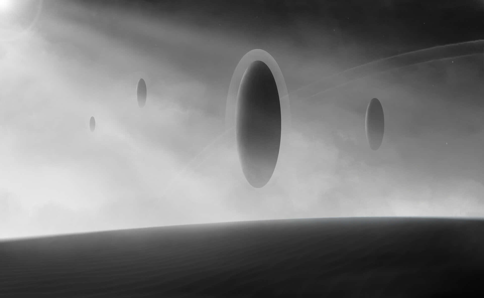 black and white space, monochrome surreal landscape, floating oval portals, Full HD Desktop Wallpaper