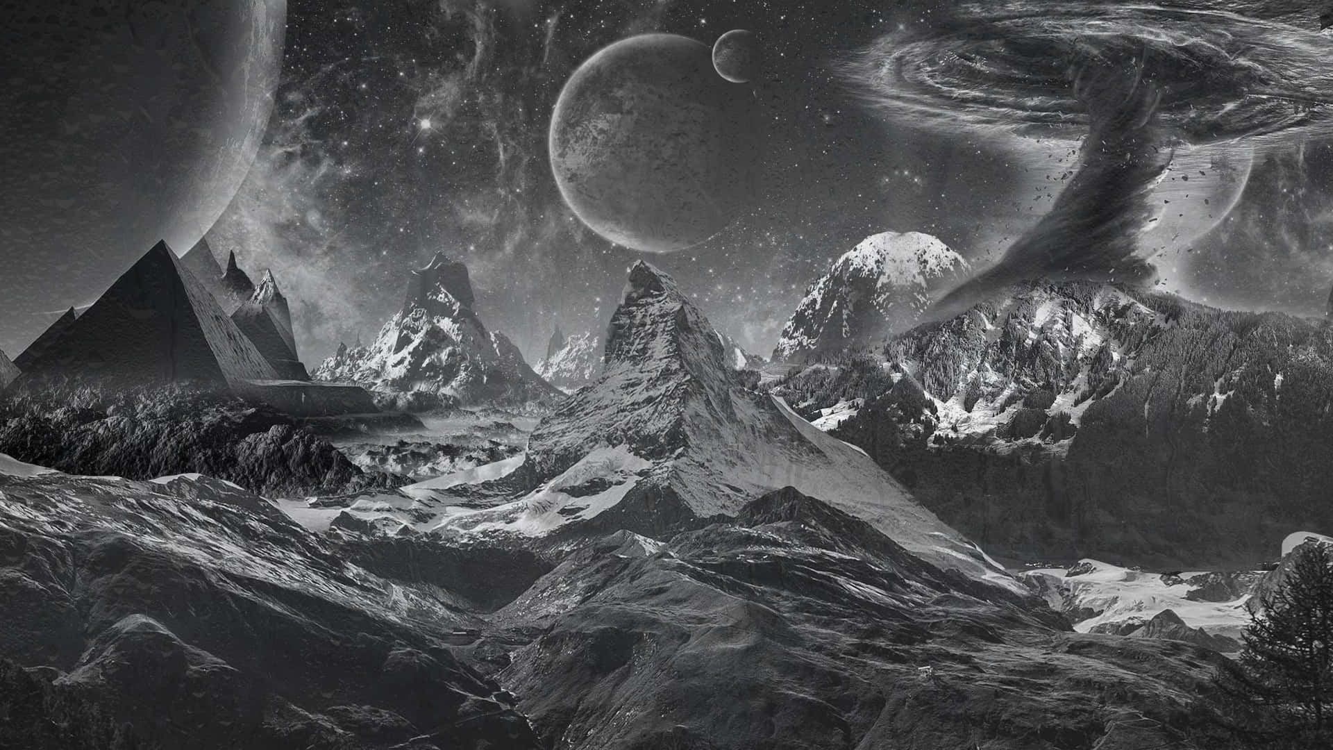 black and white space, starry sky, floating planets, Full HD Desktop Wallpaper