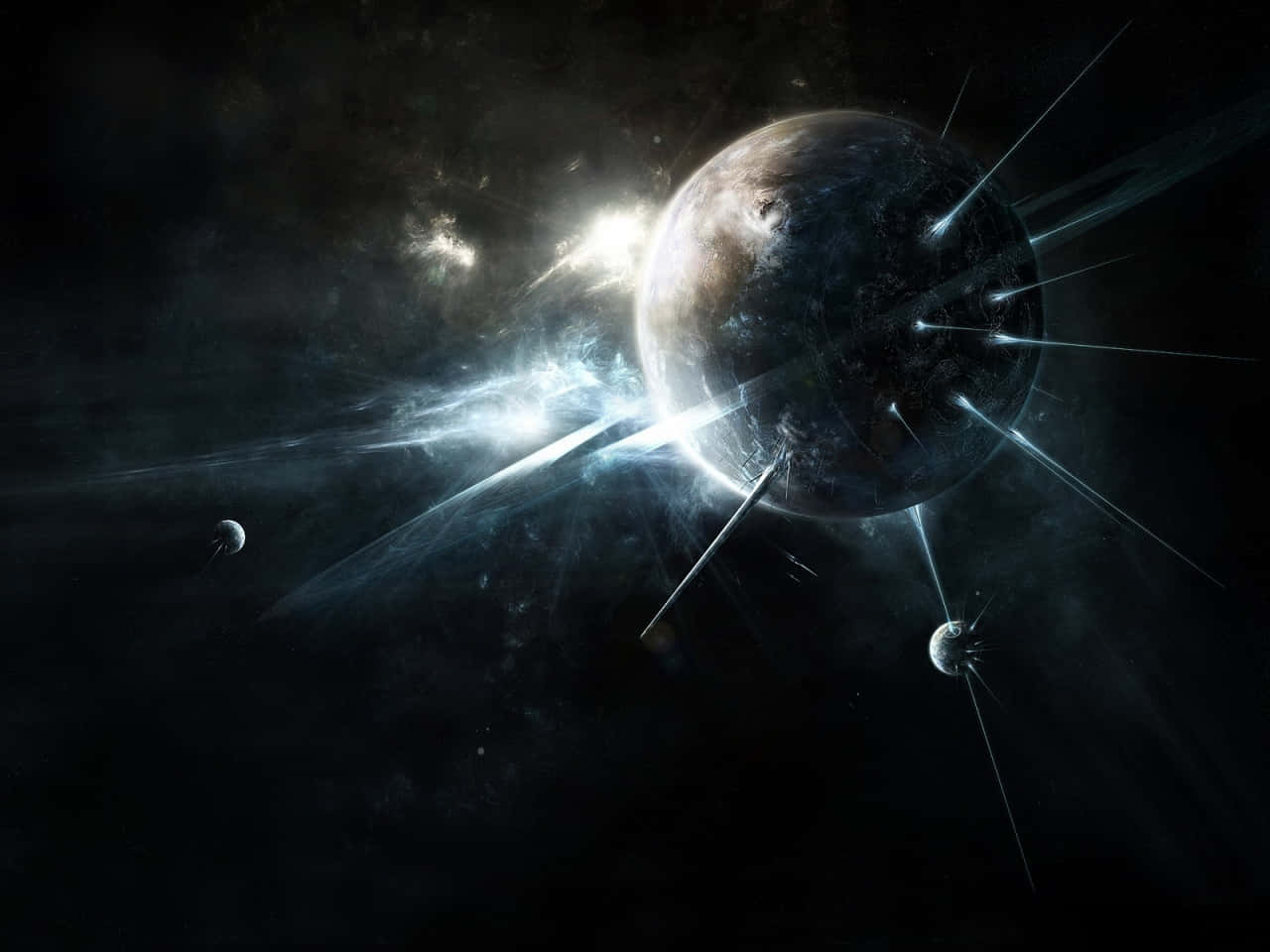 black and white space, large planet, bright light beams, HD Desktop Wallpaper