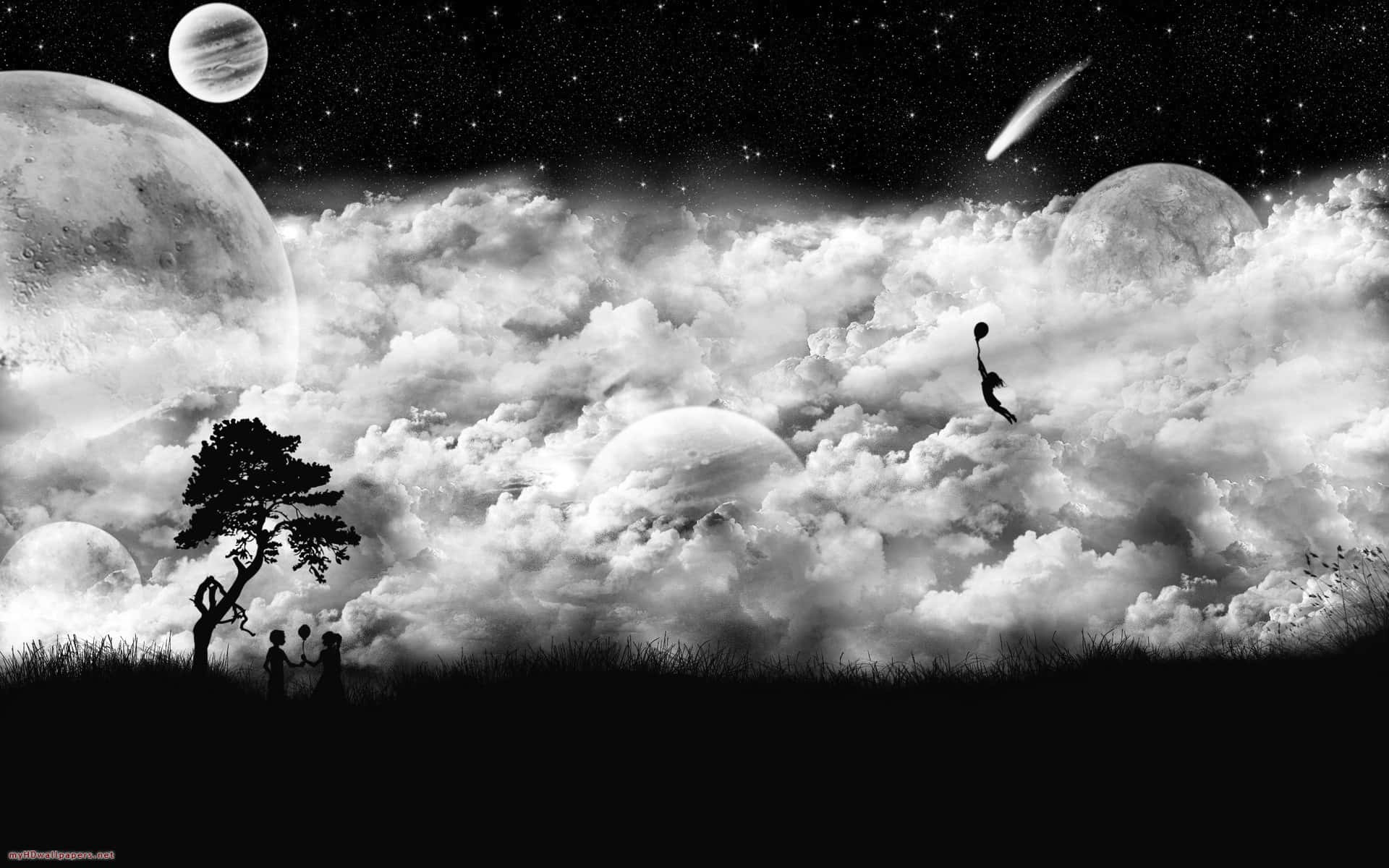 black and white space, sky, clouds, Full HD Desktop Wallpaper