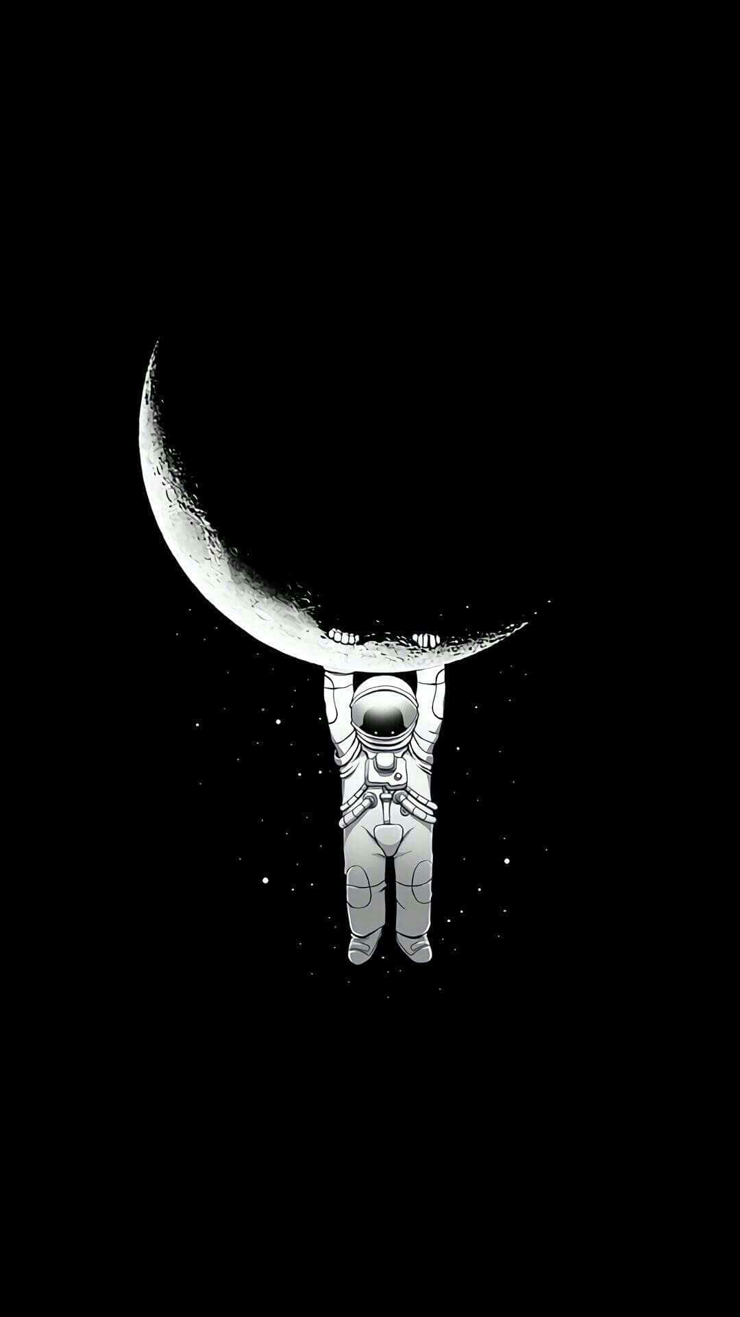astronaut, spacesuit, crescent moon, Full HD Phone Wallpaper