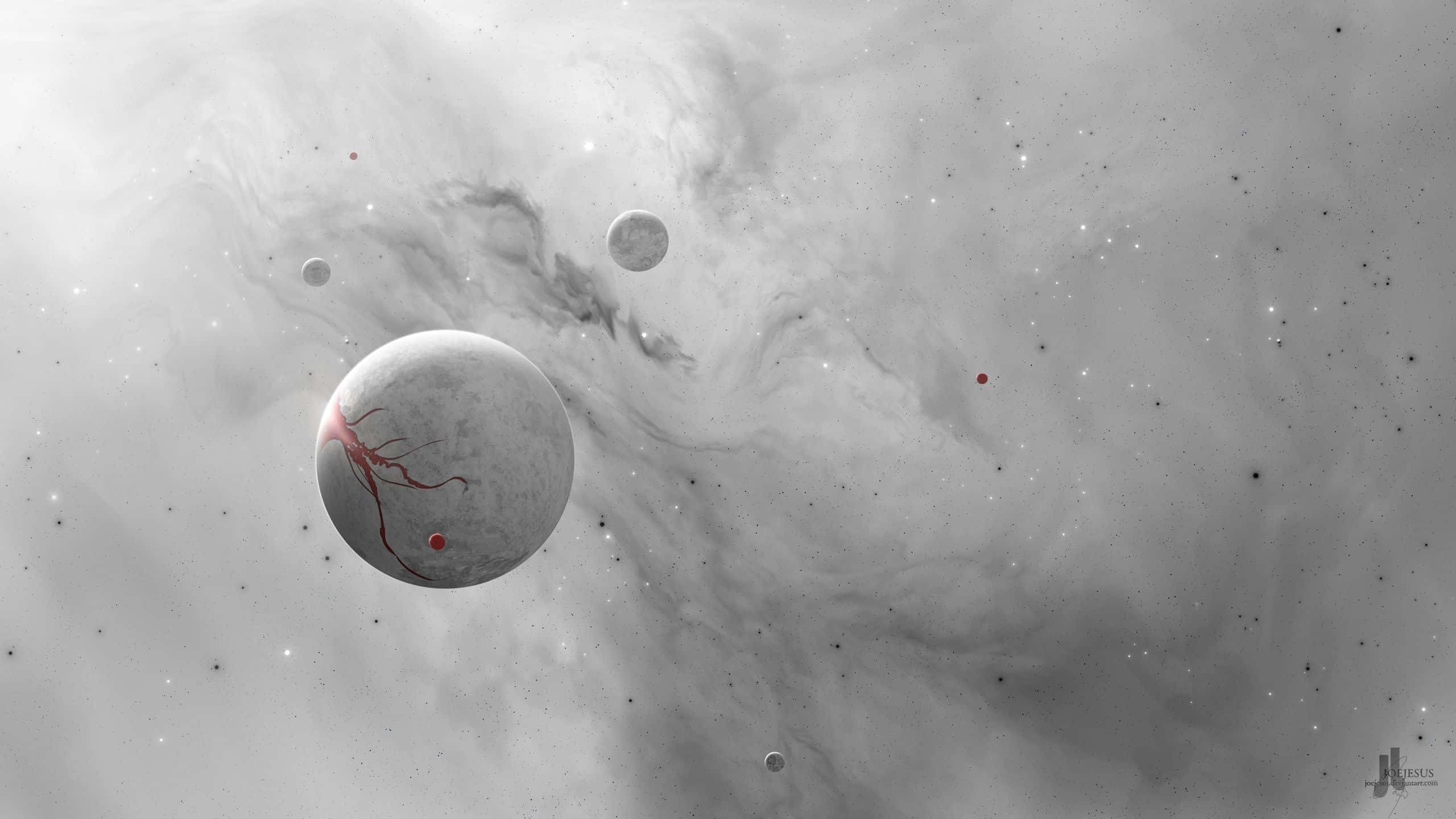 black and white, planet, red dot, 2K Desktop Wallpaper