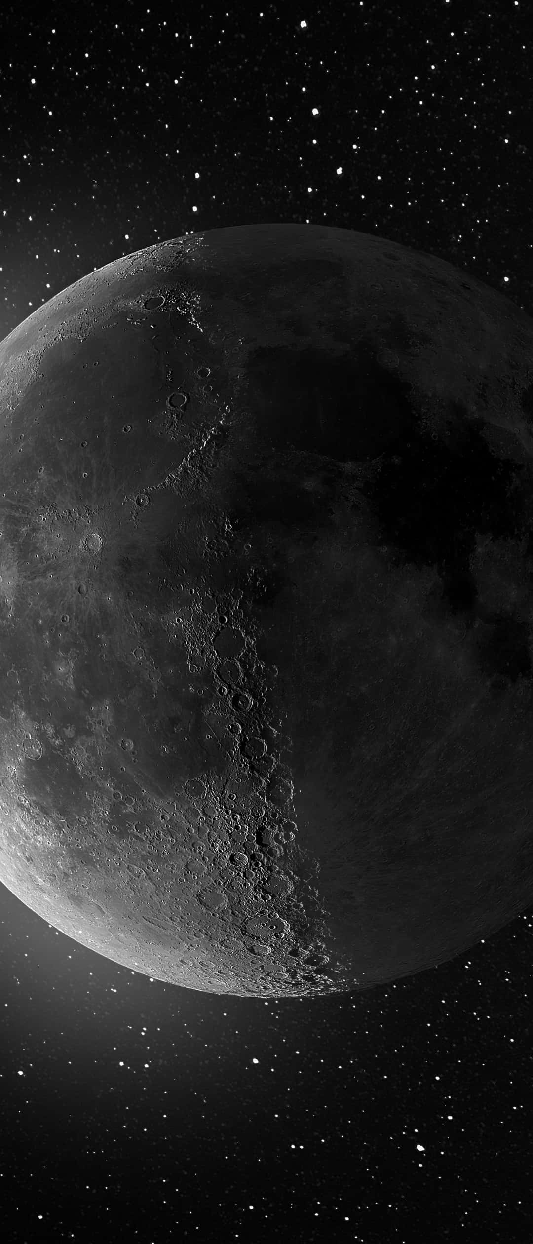 moon, cratered surface, starfield, Full HD Phone Wallpaper