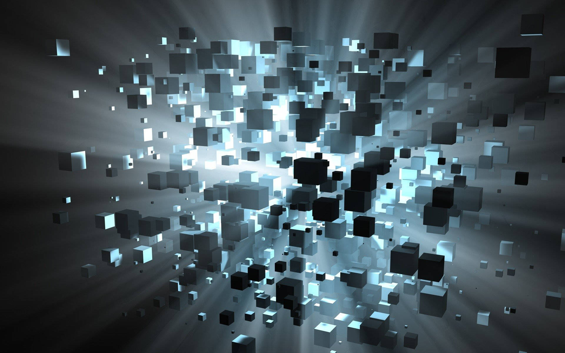 floating 3d black and white squares, glowing cubes, central point, Full HD Desktop Wallpaper