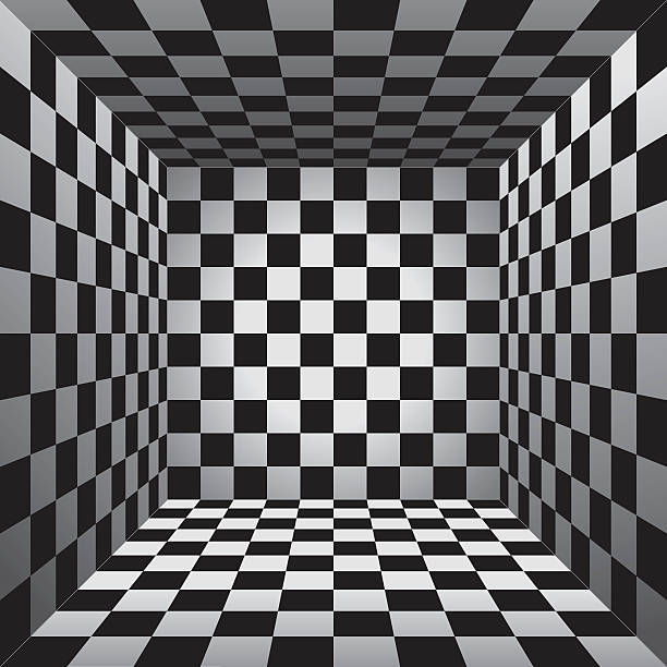 3D checkered black and white squares, checkered room, optical illusion, SD Desktop Wallpaper