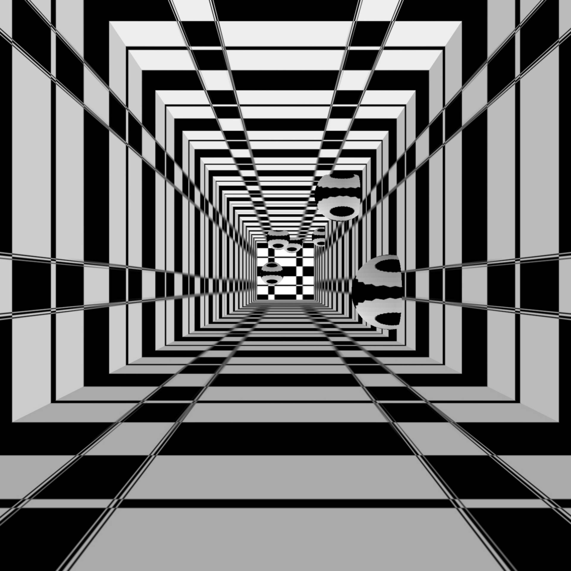 3D black and white squares, circles, geometric tunnel, Full HD Desktop Wallpaper