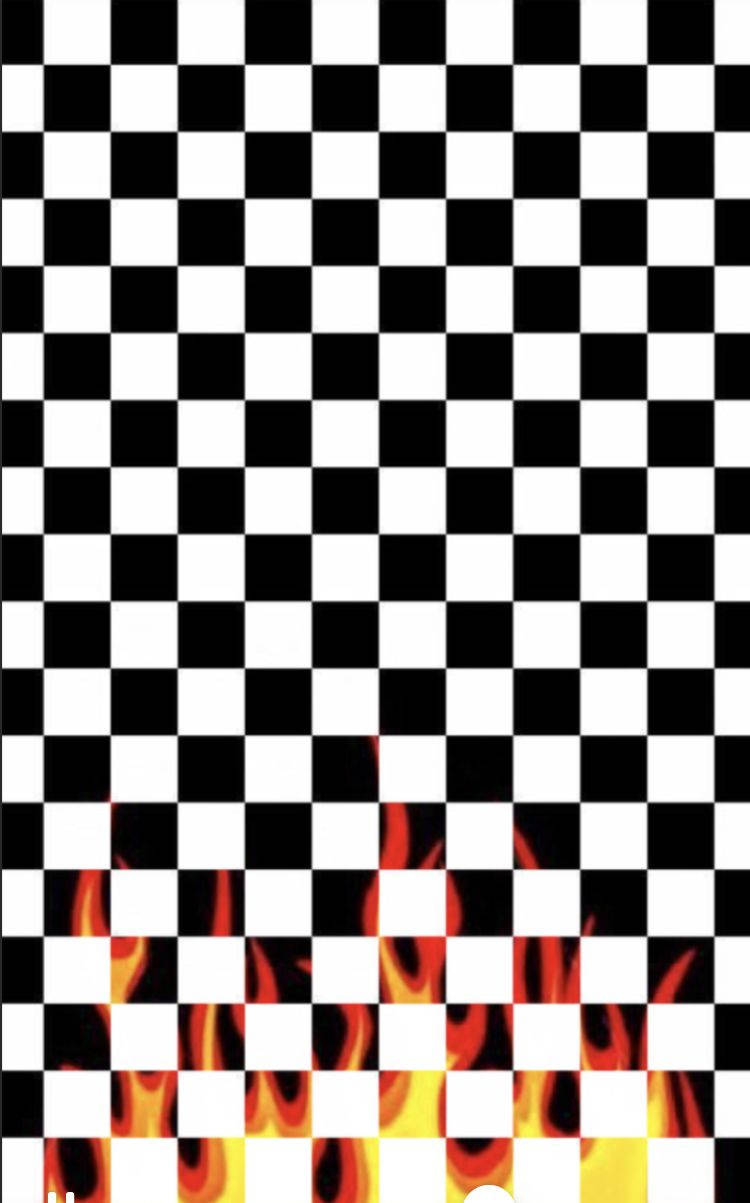 Black And White Squares, checkerboard pattern, fiery orange flames, SD Phone Wallpaper