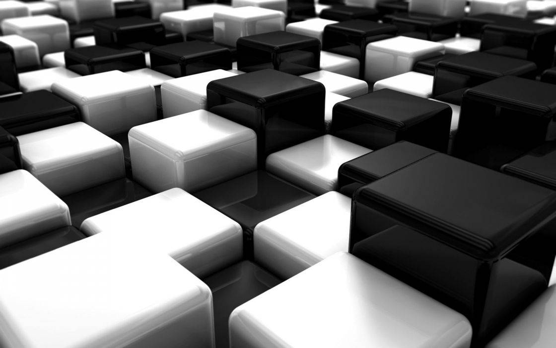 3D Stacks Of Black And White Squares, glossy black and white cubes, repeating geometric grid, SD Desktop Wallpaper