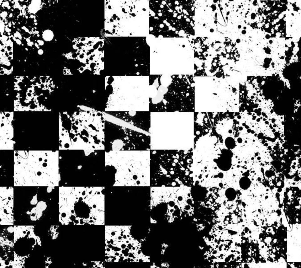 black and white checkerboard pattern, splattered ink textures, alternating squares, SD Desktop Wallpaper