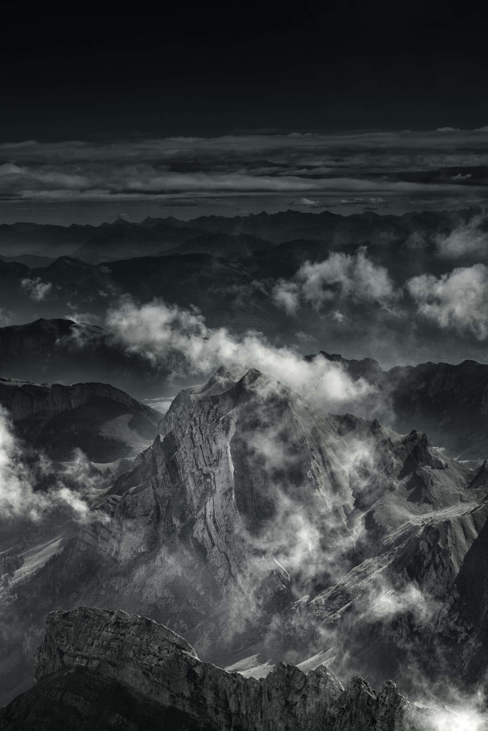 Black And White Storm, mountain peak, swirling clouds, 2K Phone Wallpaper