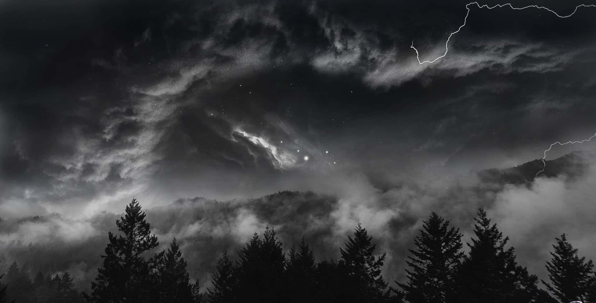 Black And White Storm, storm clouds, forested mountain range, Full HD Desktop Wallpaper